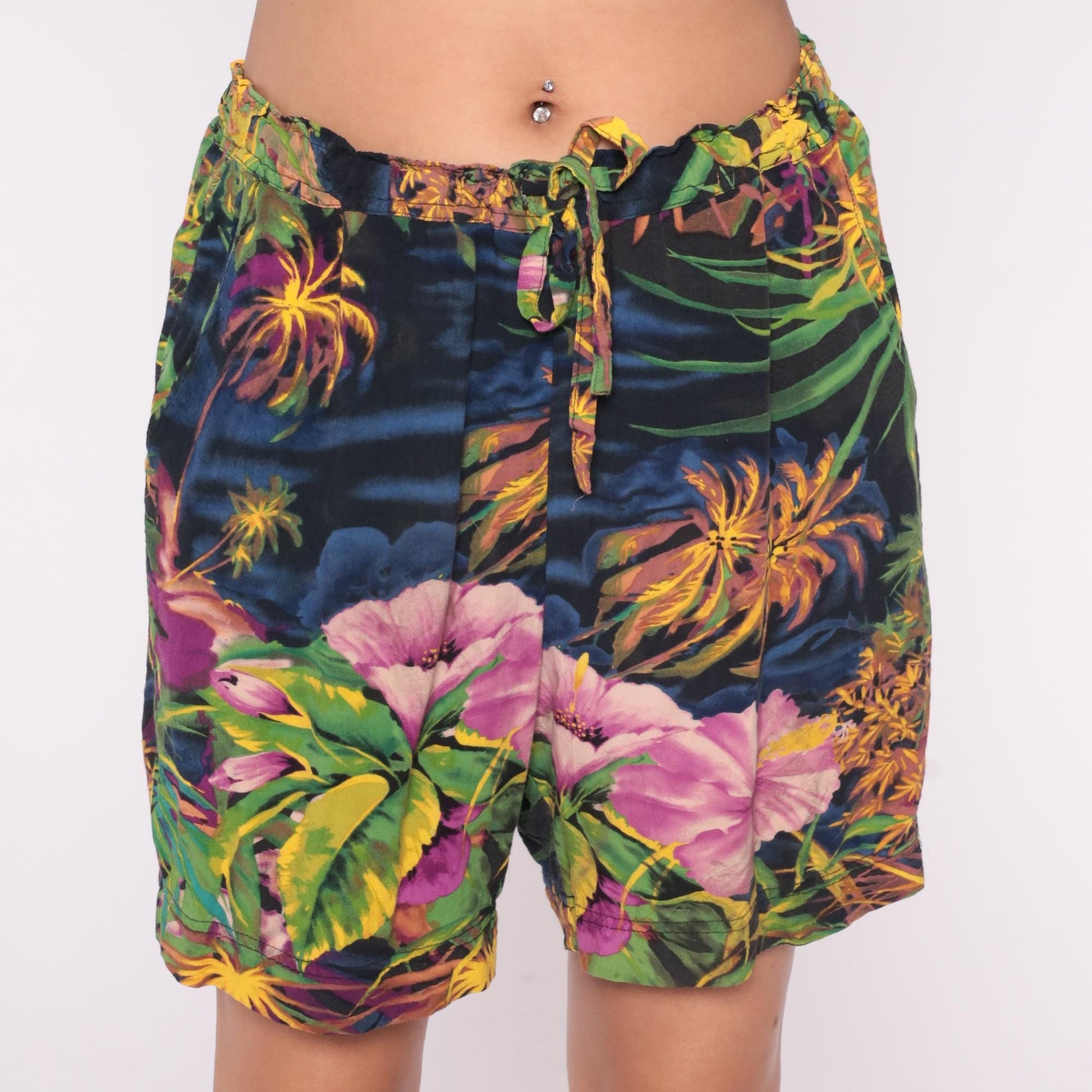 Y2K Jams World Tropical Shorts Floral Palm Print High Waist Rayon Medium Large