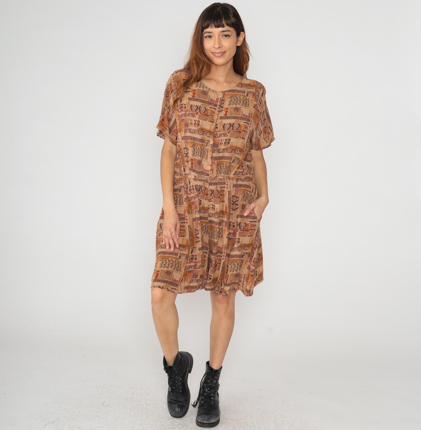 90s Rafael Patchwork Romper Ethnic Print Brown Orange Large L