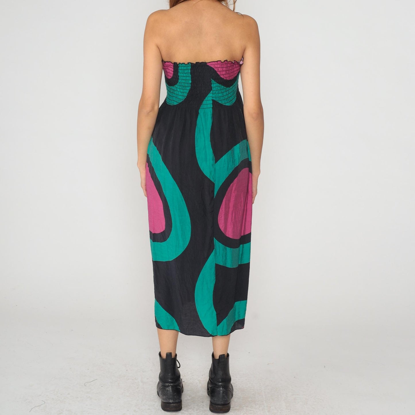 Y2K Hot and Delicious Strapless Dress Geometric Print Black Teal Magenta Large L