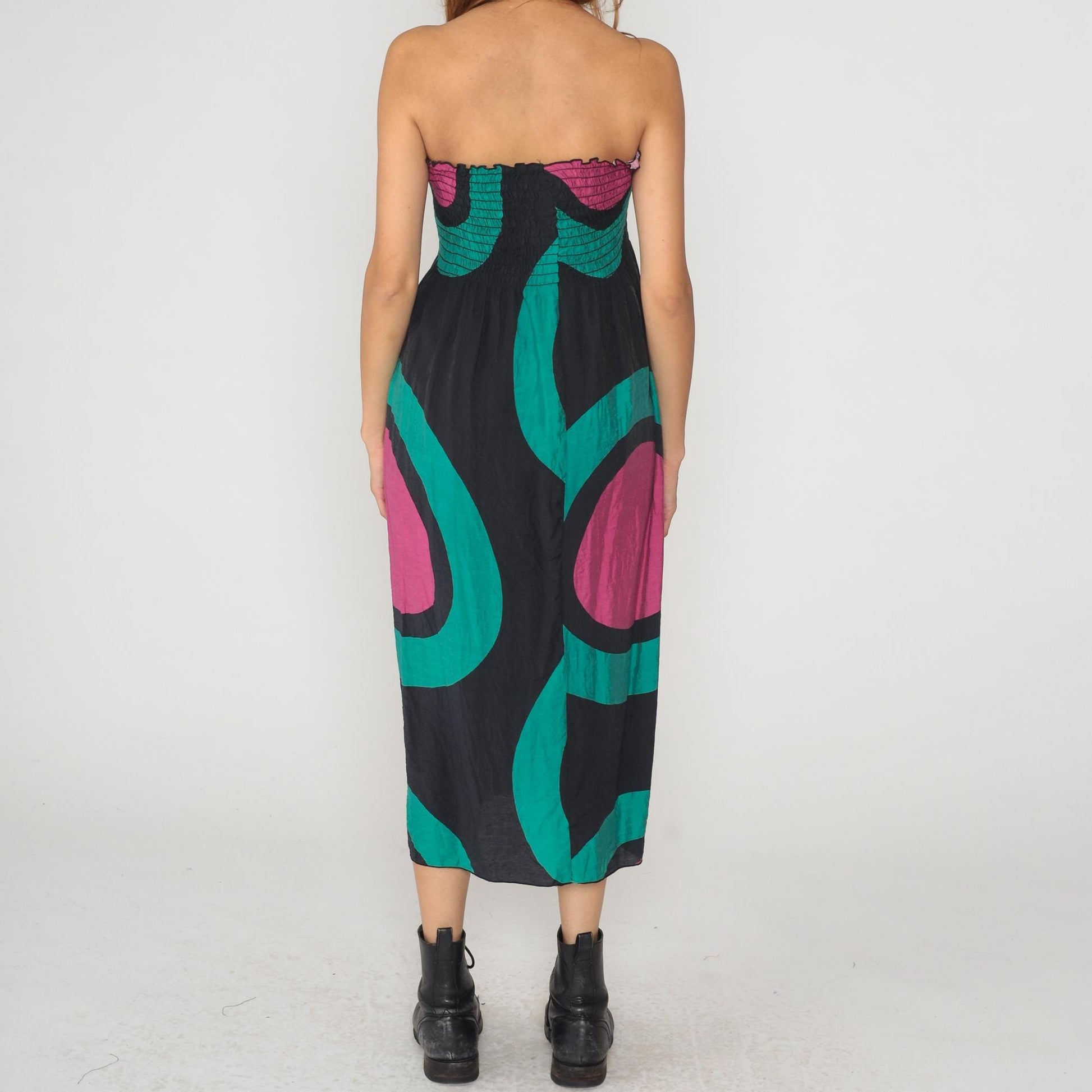 Y2K Hot and Delicious Strapless Dress Geometric Print Black Teal Magenta Large L