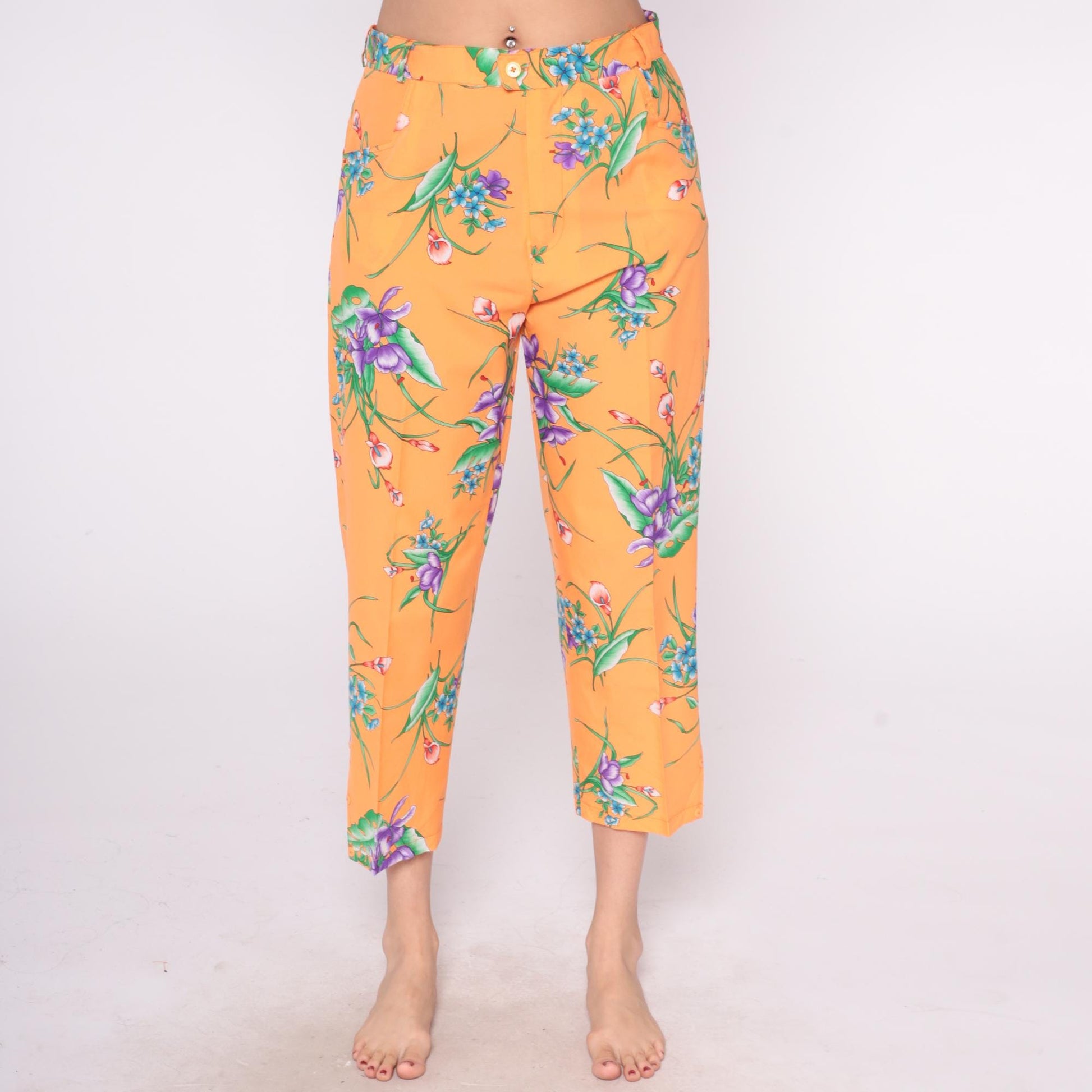 90s Orange Floral Cropped Pants High Rise Straight Leg Medium M
