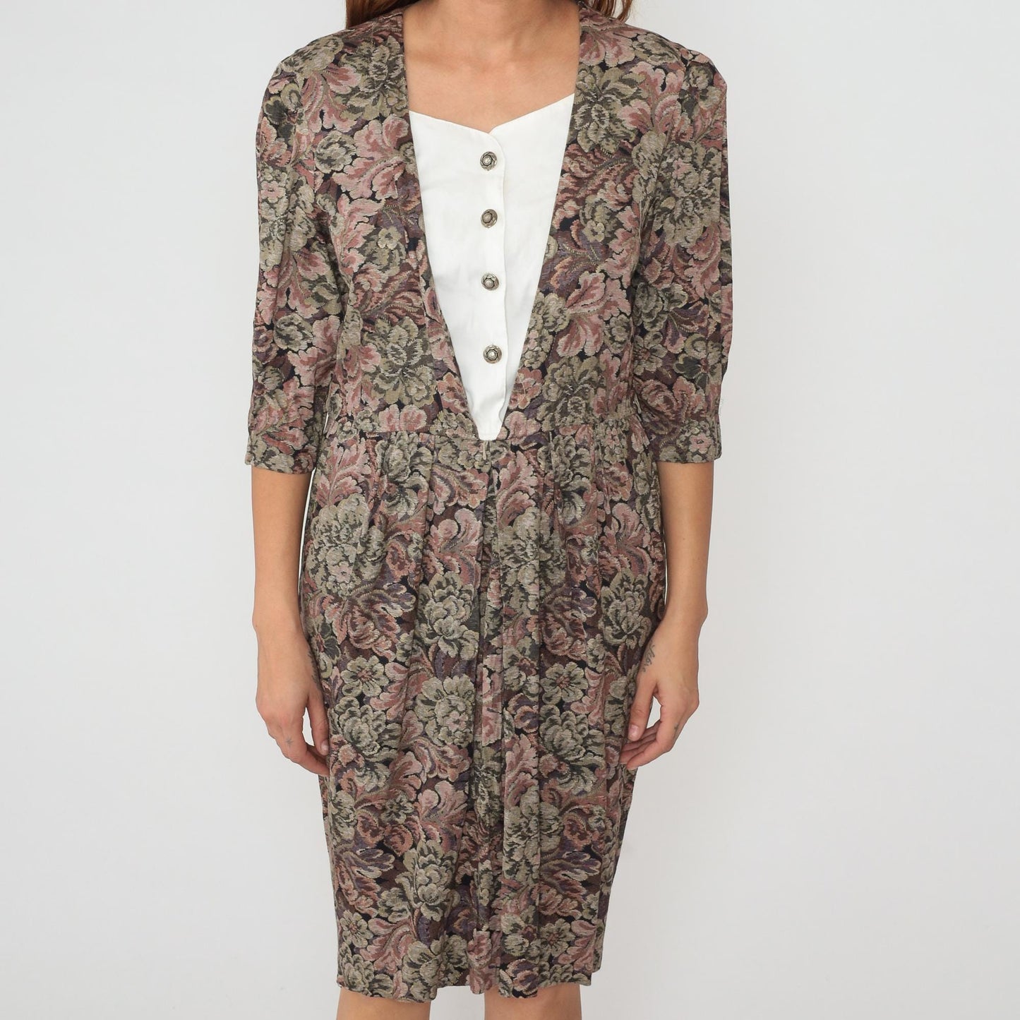 90s Peri Petites Floral Dress White Bib Front Button Gathered Waist Large