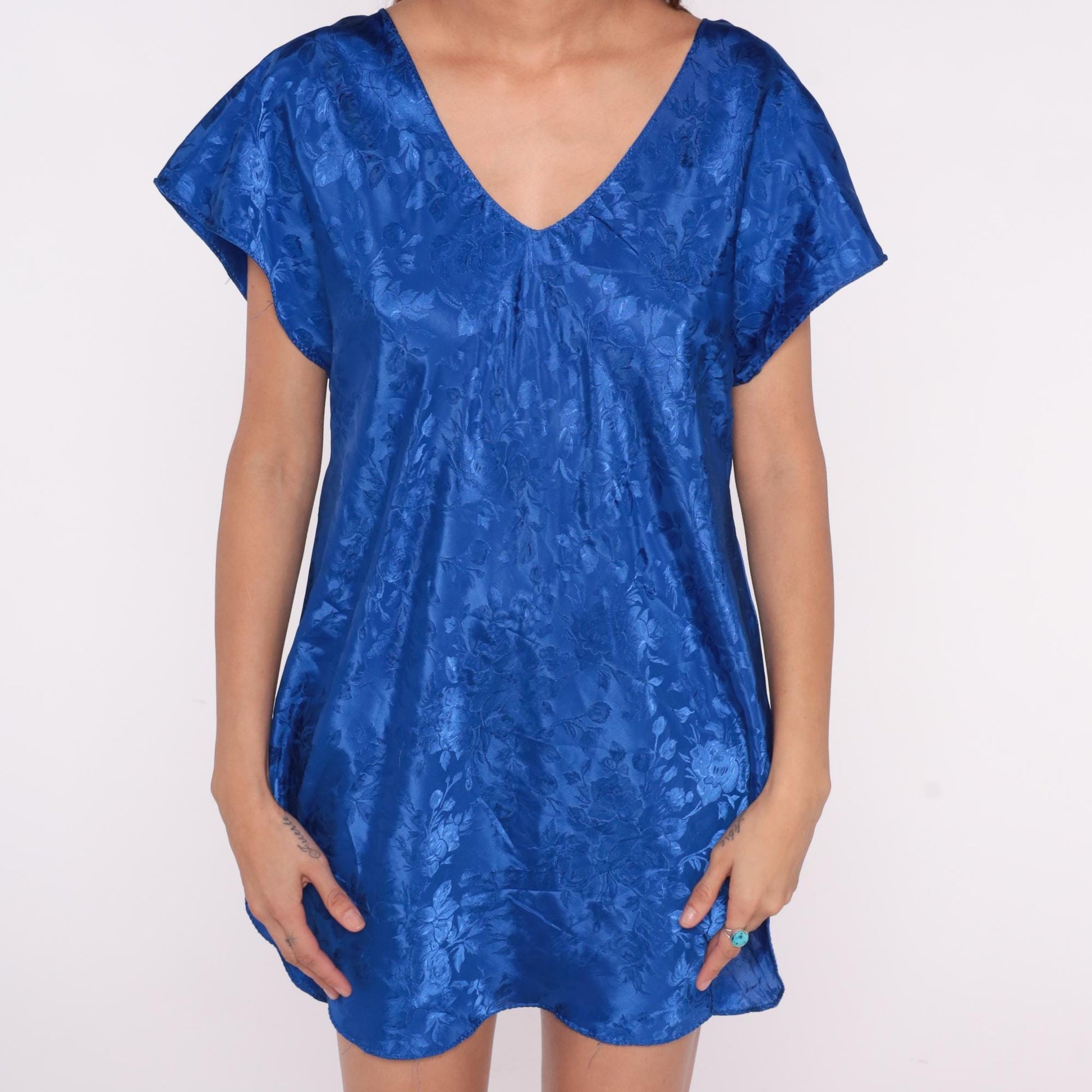 90s La Intimates Royal Blue Satin Nightgown Floral Jacquard V-Neck Mini Small