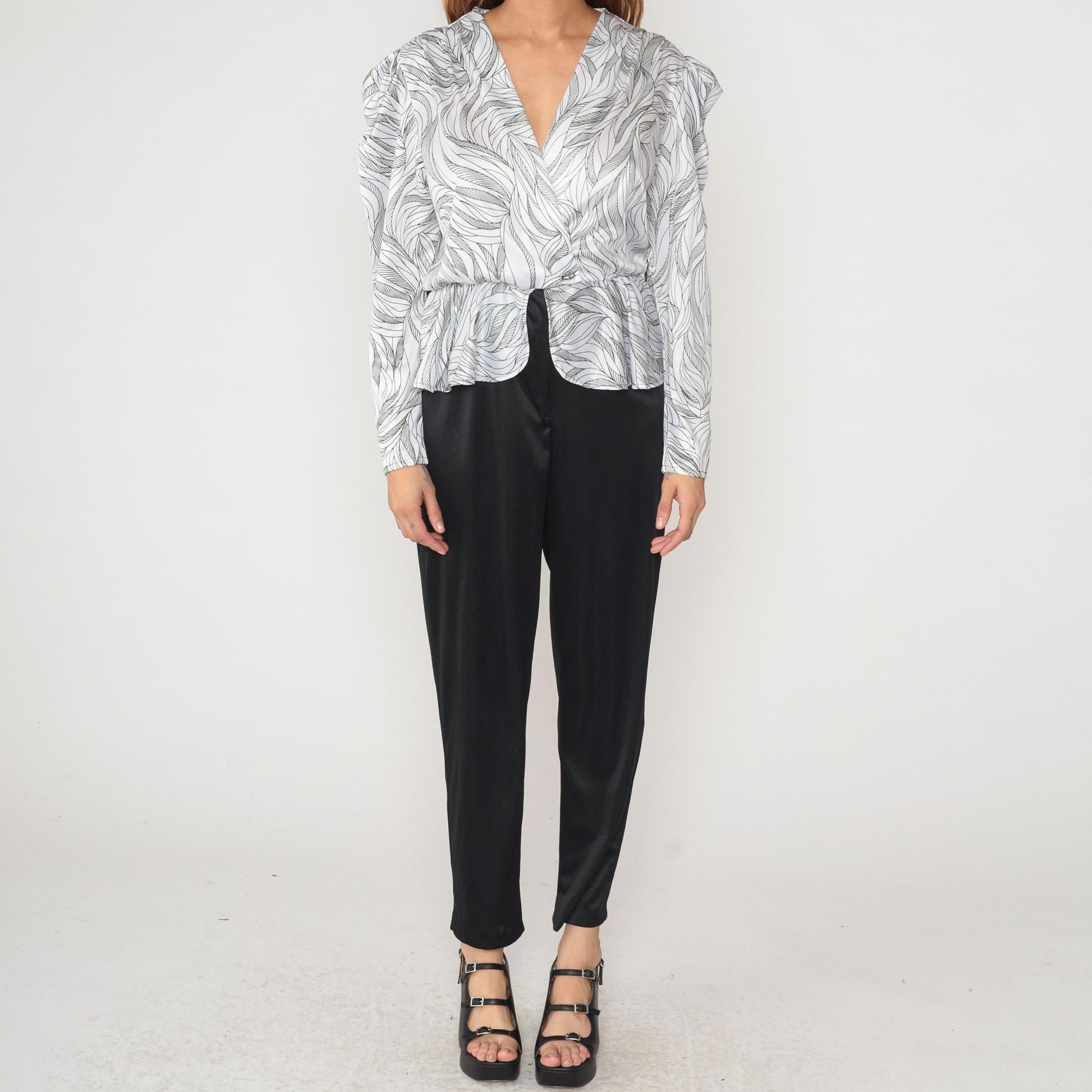 80s Wave Print Peplum Blouse Shoulder Pads V-Neck White Black Medium