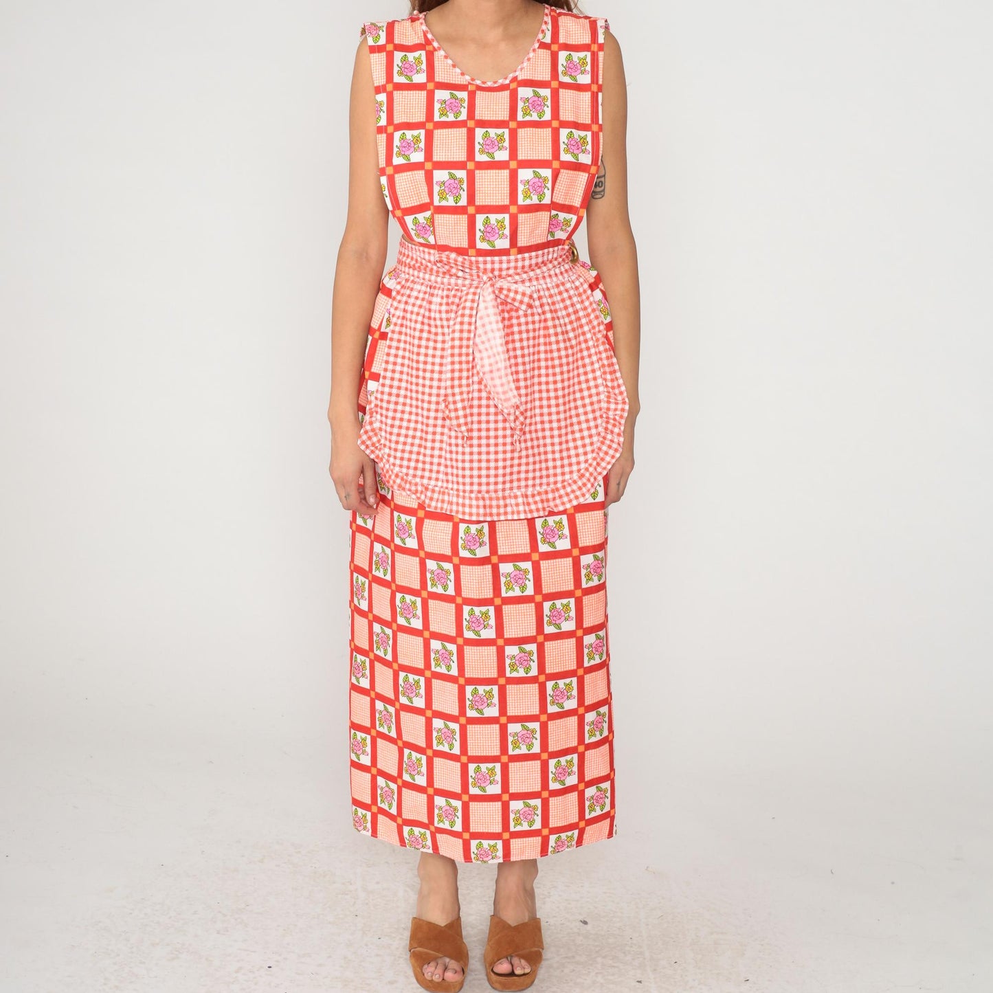 70s Design House Gingham Floral Maxi Dress Red White Pinafore Apron Small