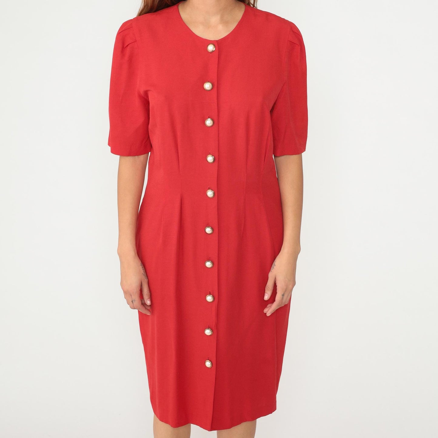 90s Caroline Wells Red Secretary Dress Pearl Buttons Short Sleeve Medium