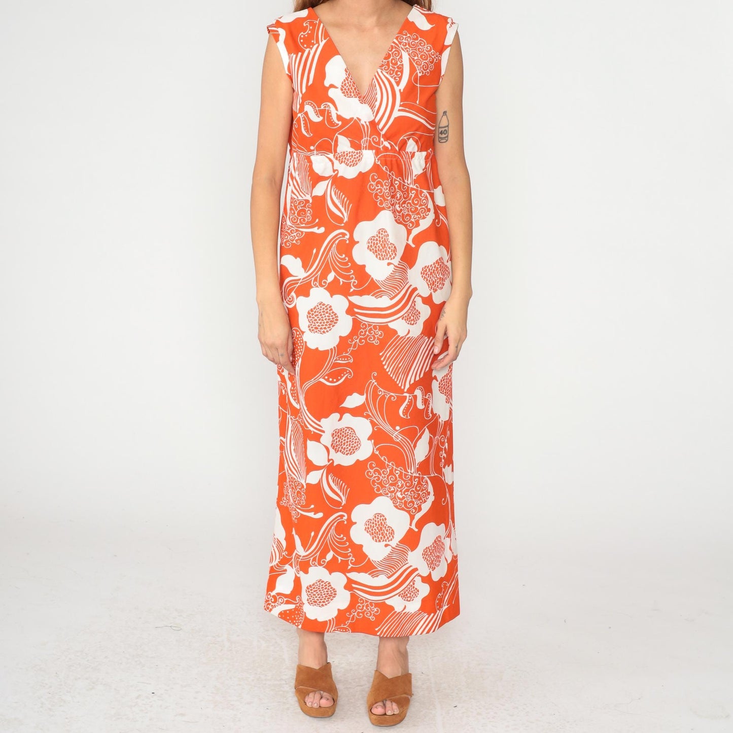 70s Halii Honolulu Orange Floral Maxi Dress Sleeveless V-Neck Large