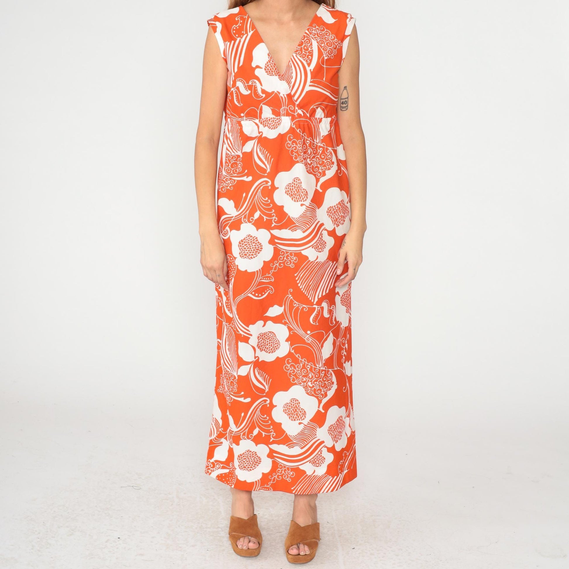 70s Halii Honolulu Orange Floral Maxi Dress Sleeveless V-Neck Large