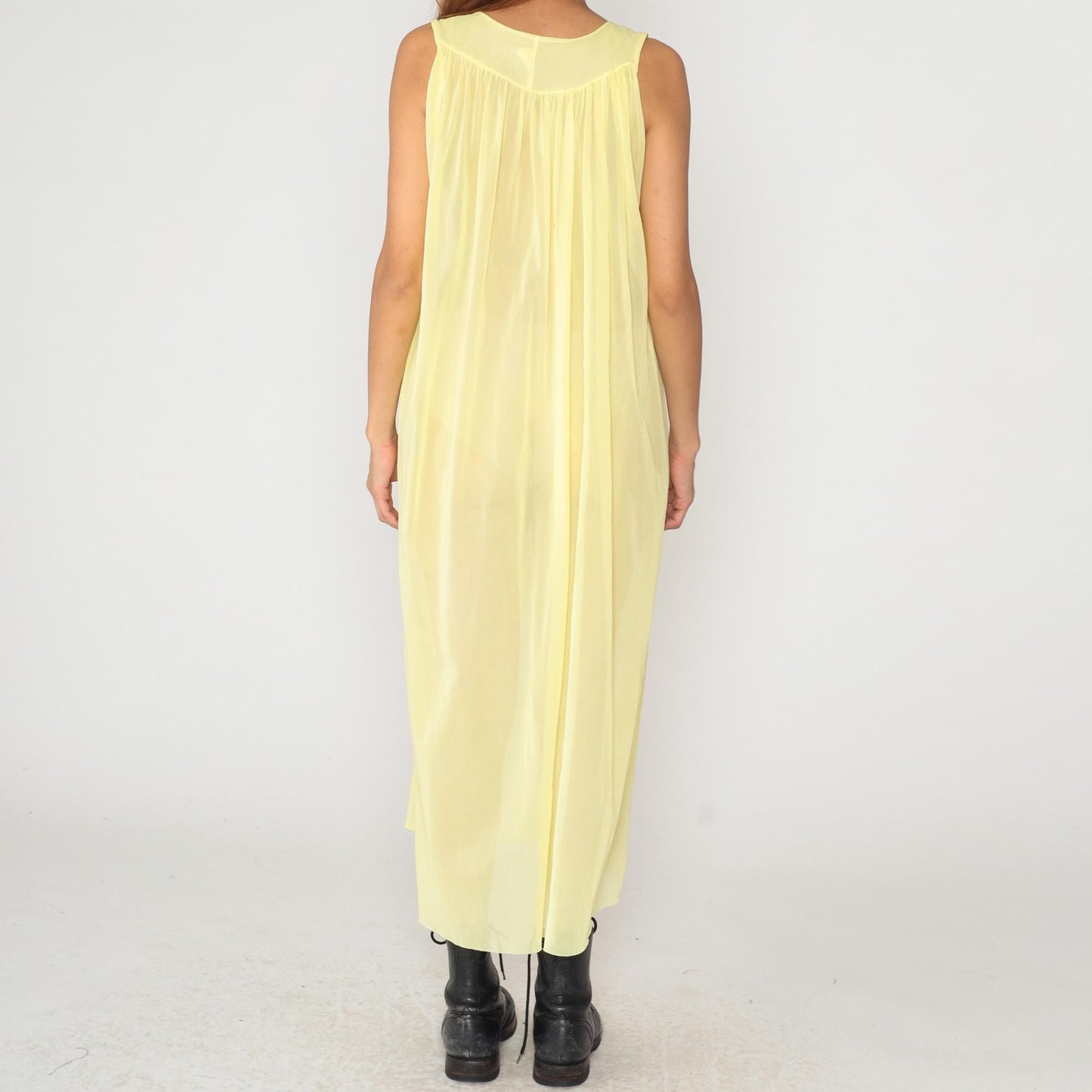 70s Yellow Maxi Nightgown Wide Collar Sleeveless Gathered Bodice Medium