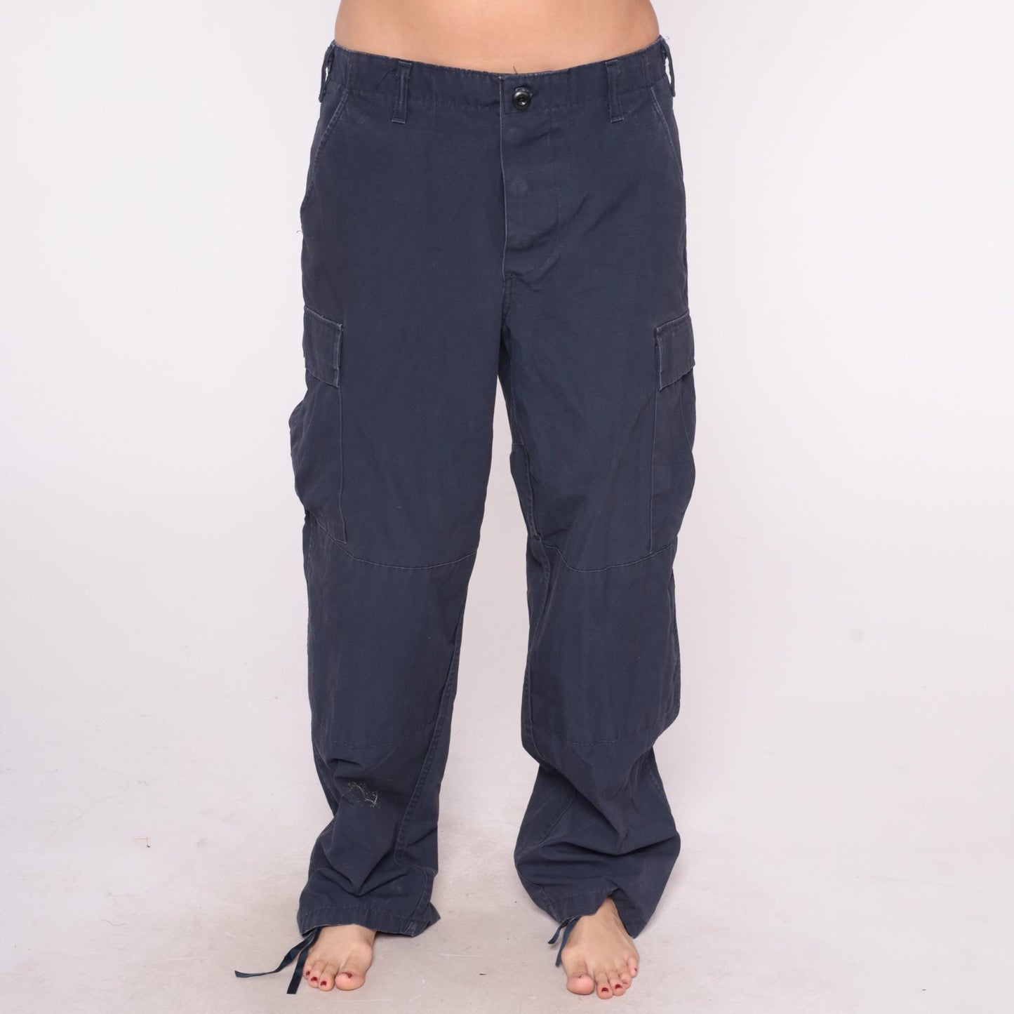 Y2K Navy Cargo Pants Straight Leg Drawstring Utility Pockets Medium