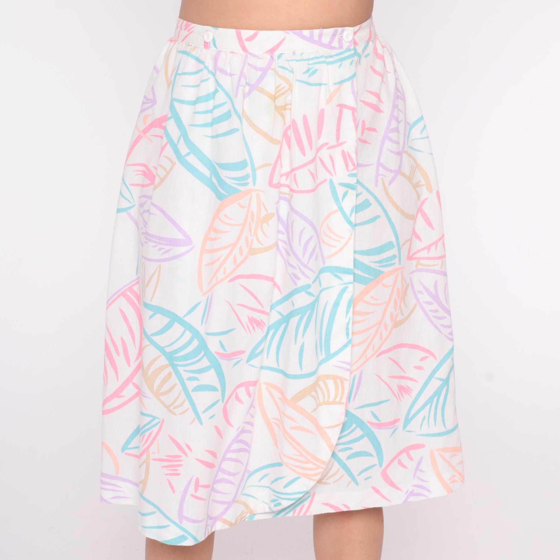 80s Salem Tropical Leaf Print A-Line Skirt White Pastel High Waist Large