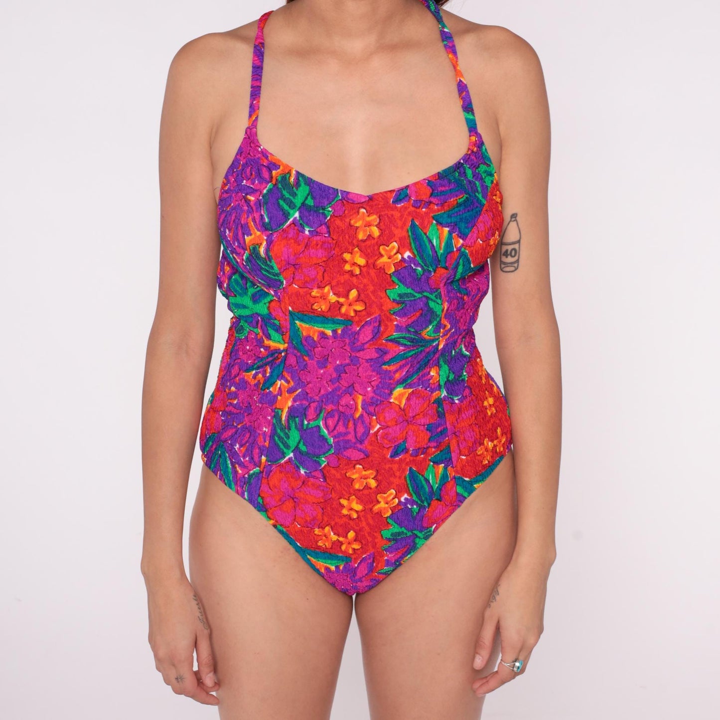 90s Elisabeth Stewart Tropical Floral One-Piece Swimsuit Halter High-Cut Extra Large