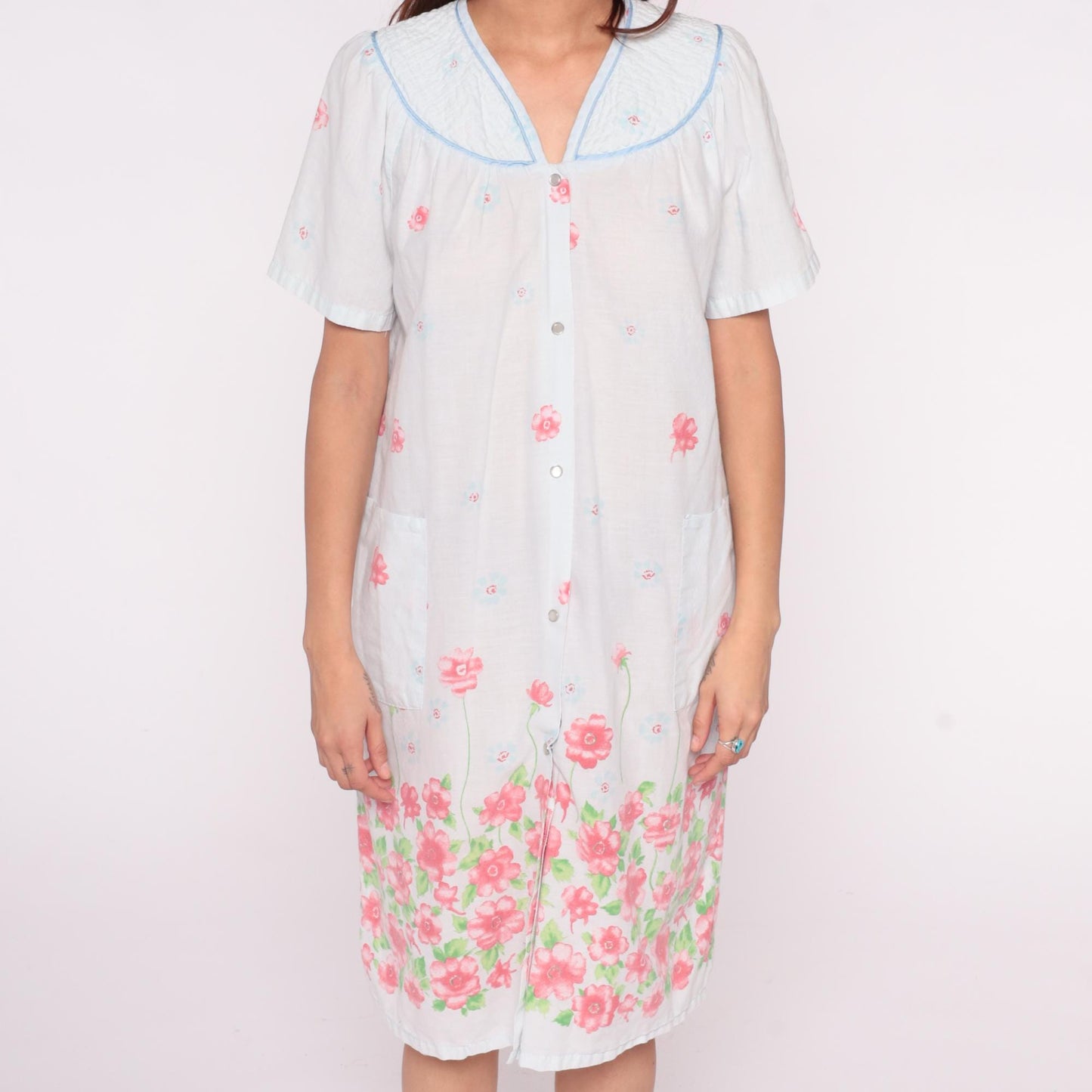 90s Emily Stacy Floral Nightgown White Pink Border Cotton Small
