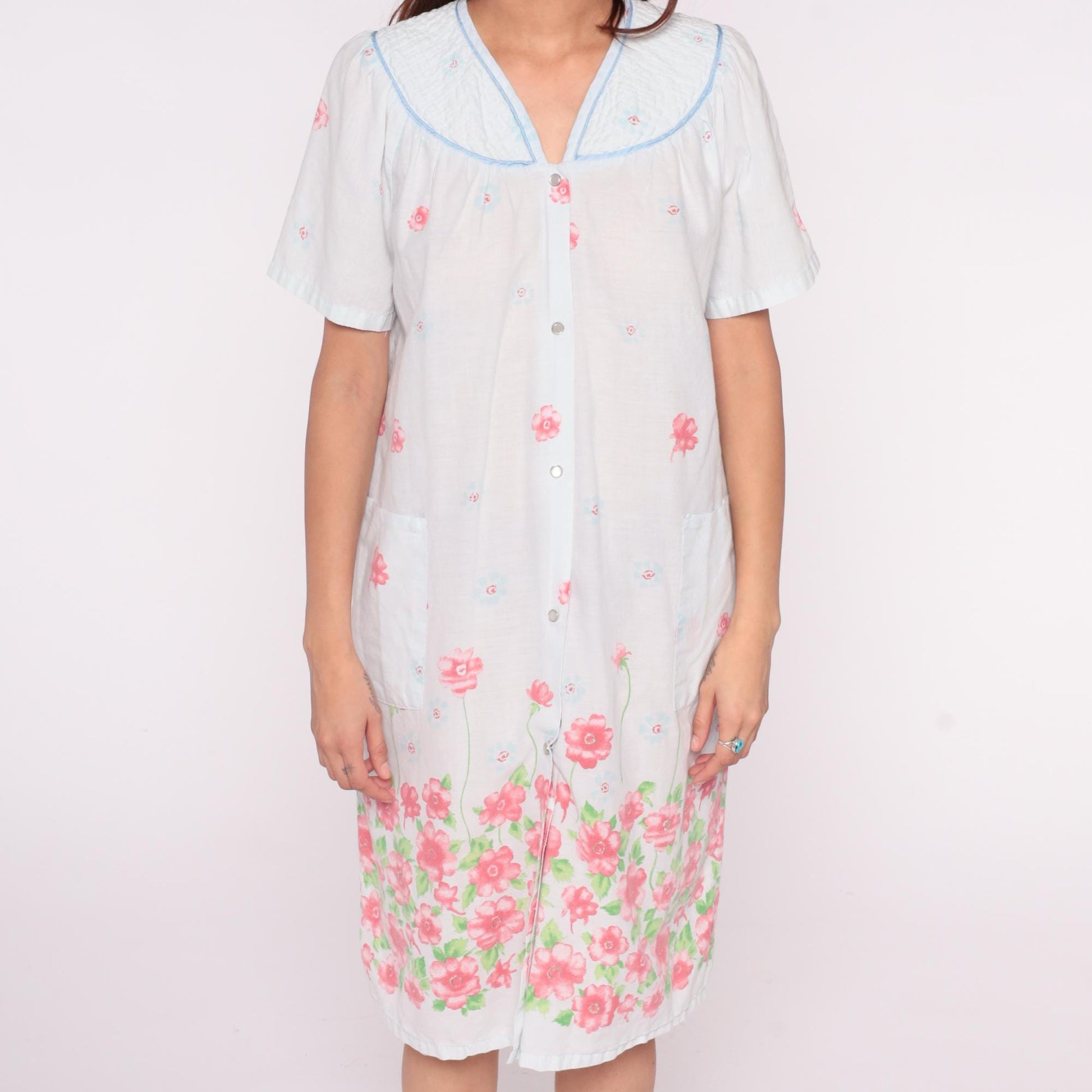 90s Emily Stacy Floral Nightgown White Pink Border Cotton Small