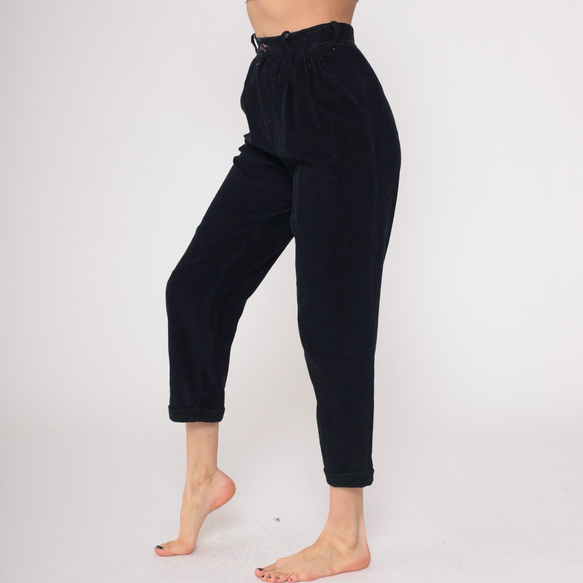 80s Michael Tracy Black Cotton High-Waisted Tapered Pants Small