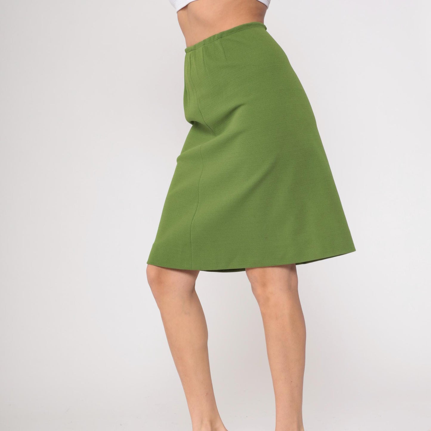 70s Olive Green A-Line Skirt Knee Length Back Zip Small S