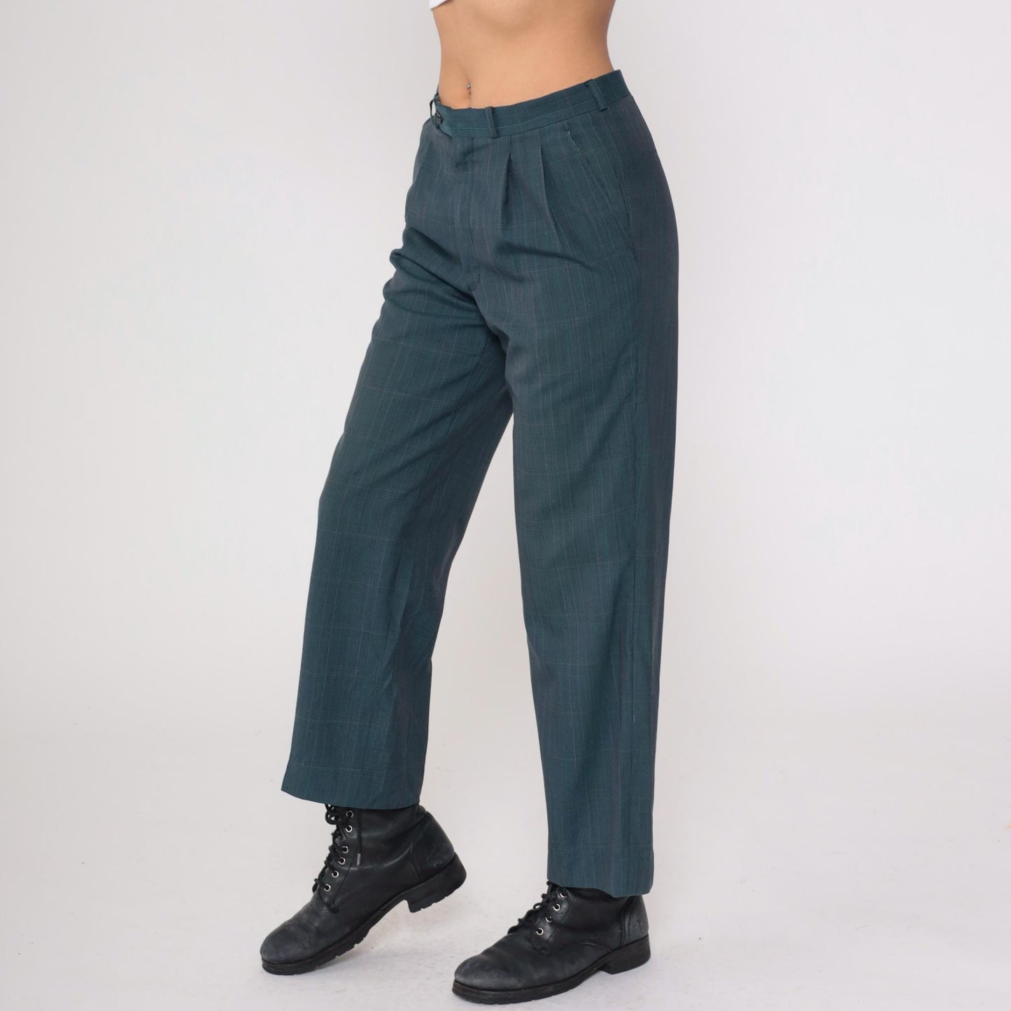 80s Dark Teal Plaid High Waist Straight Leg Trousers Pleated Large