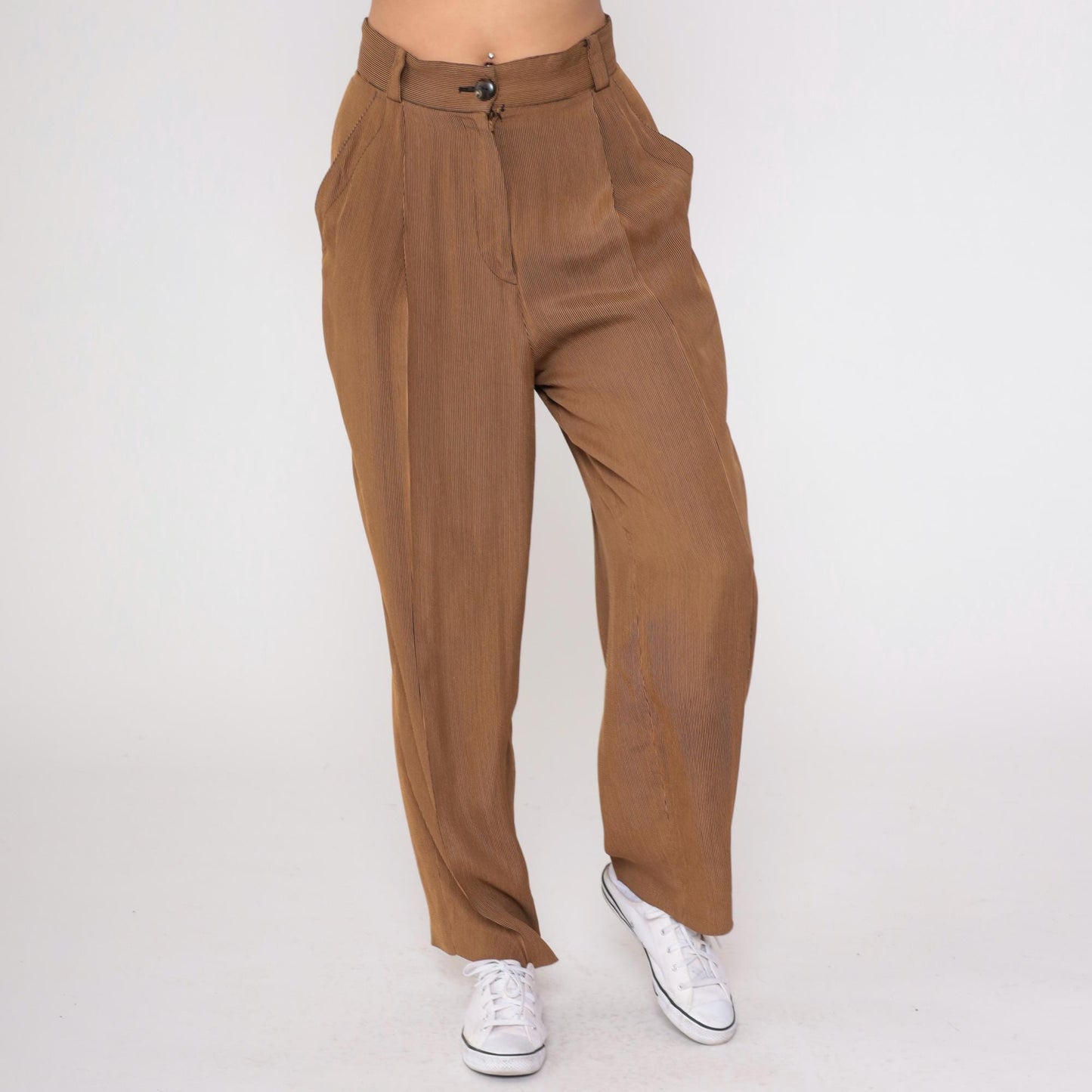 80s Emanuel Ungaro Pinstriped Trousers Brown Tan High Waist Pleated Medium