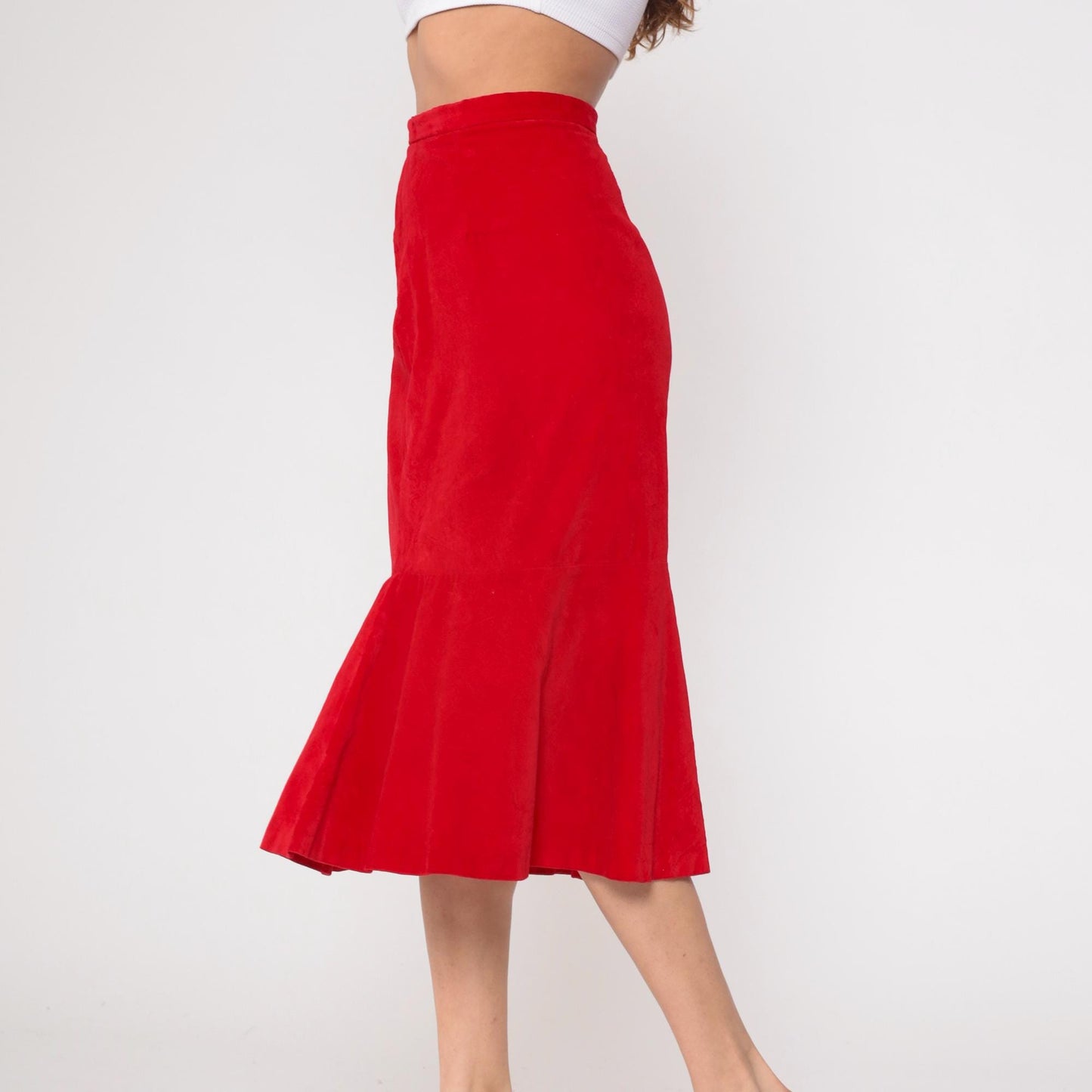 70s Red Velvet Midi Skirt Bucaretti High Waisted Trumpet Flare Small