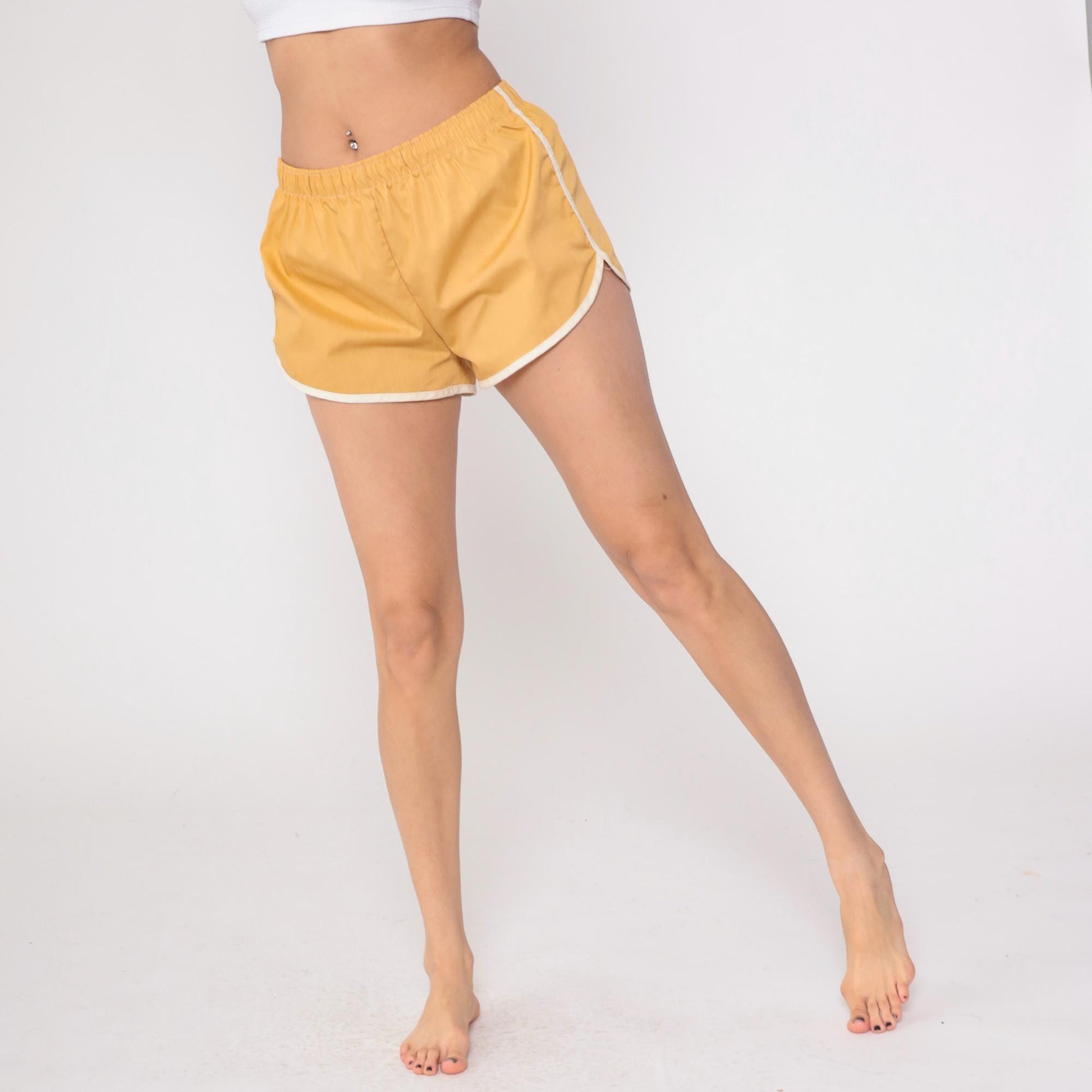 80s Tan Running Shorts White Trim Athletic Dolphin Hem Medium