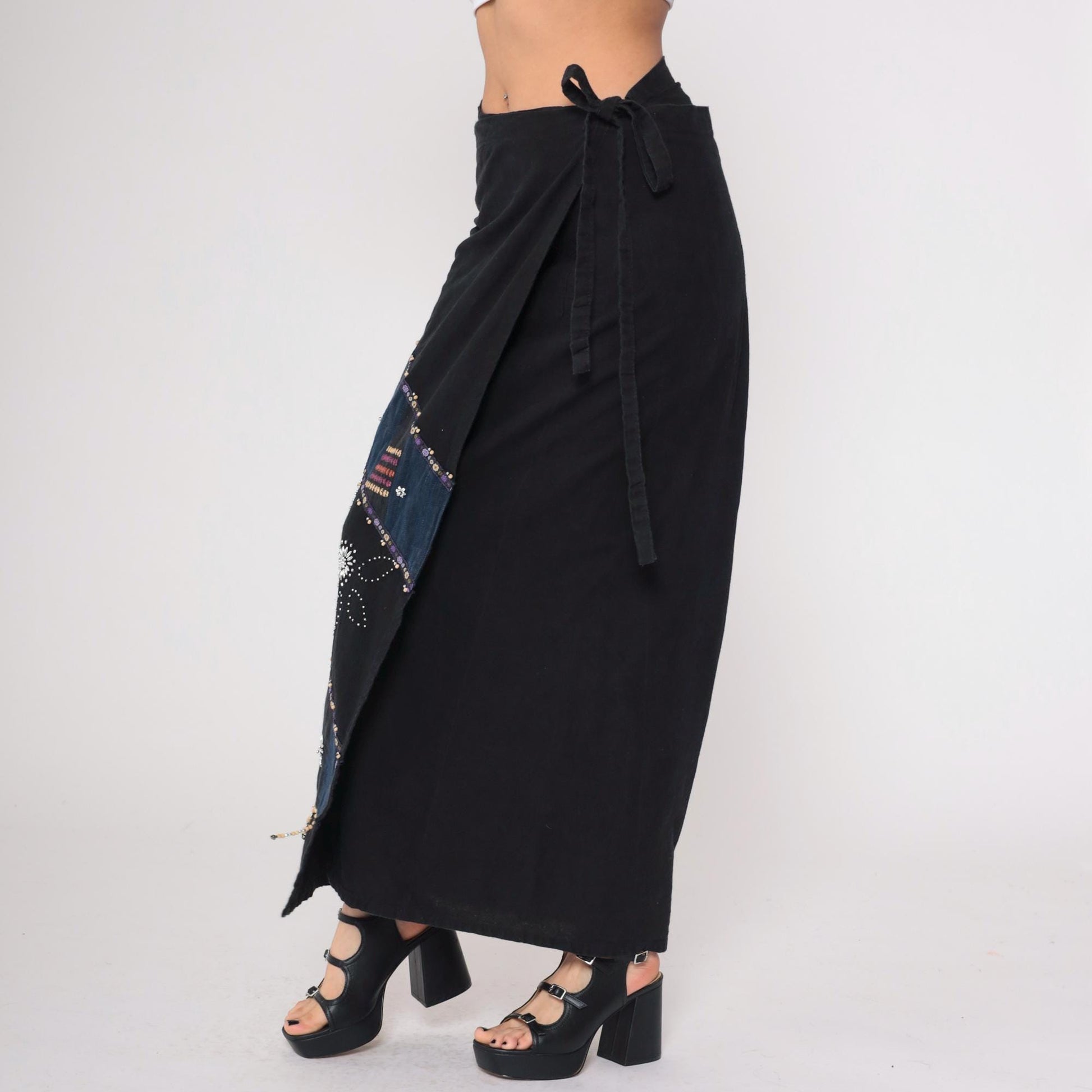 Y2K Black Wrap Skirt Beaded Navy Maxi Sequin Geometric Tribal Cotton Large
