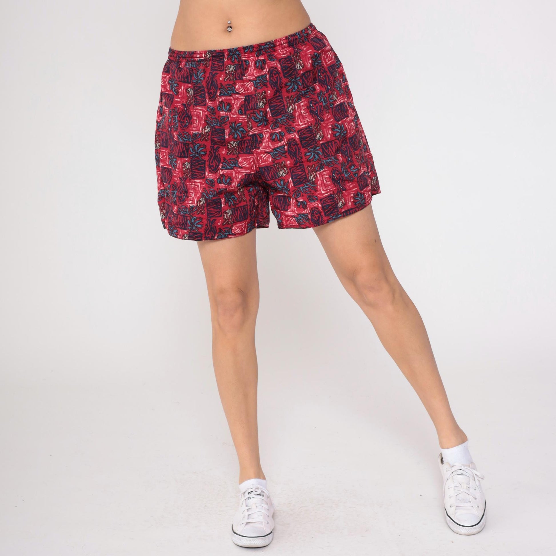 90s Newport Blue Tropical Swim Shorts Red Floral High Rise Medium