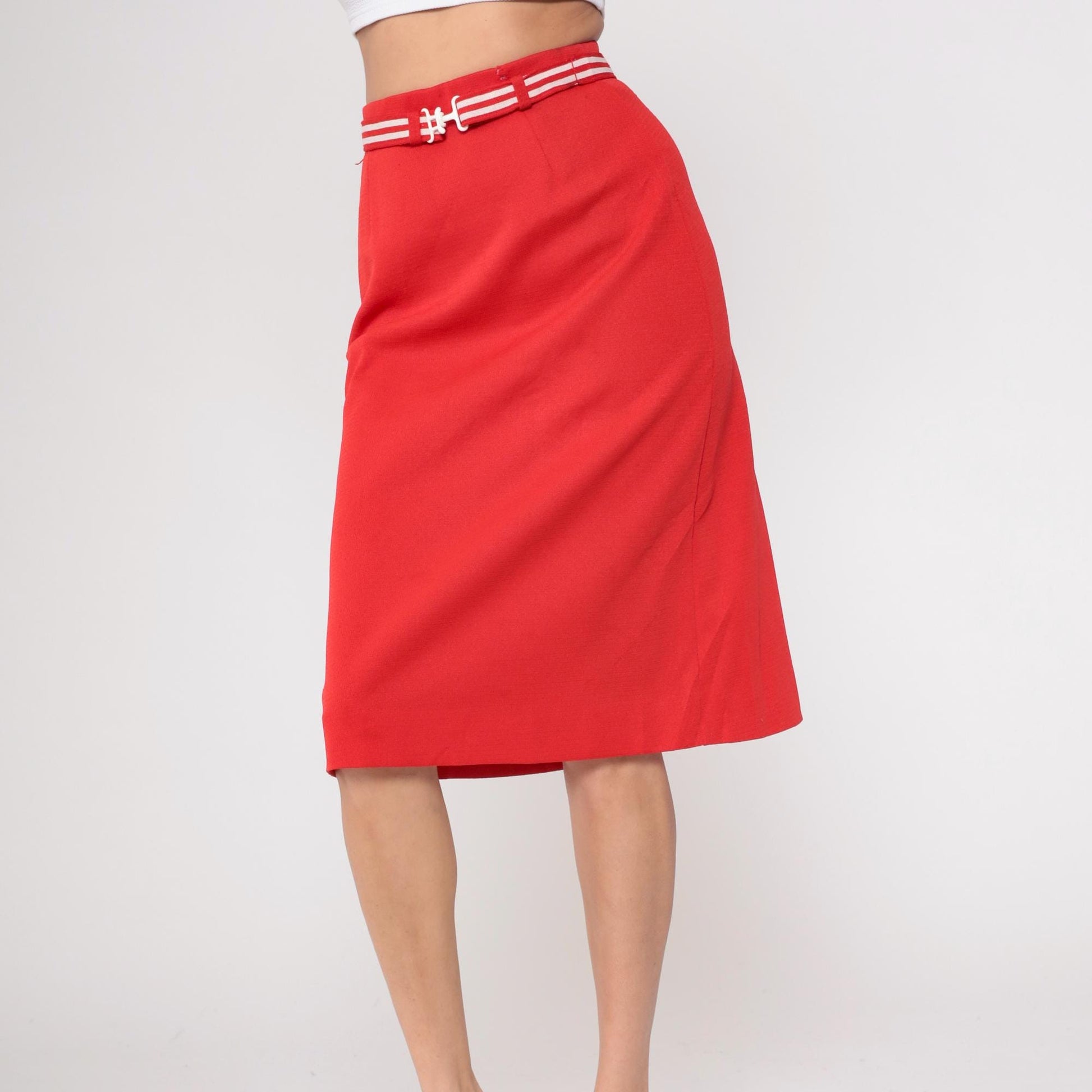 80s Act 3 Red Pencil Skirt White Striped Belt Knee-Length Medium