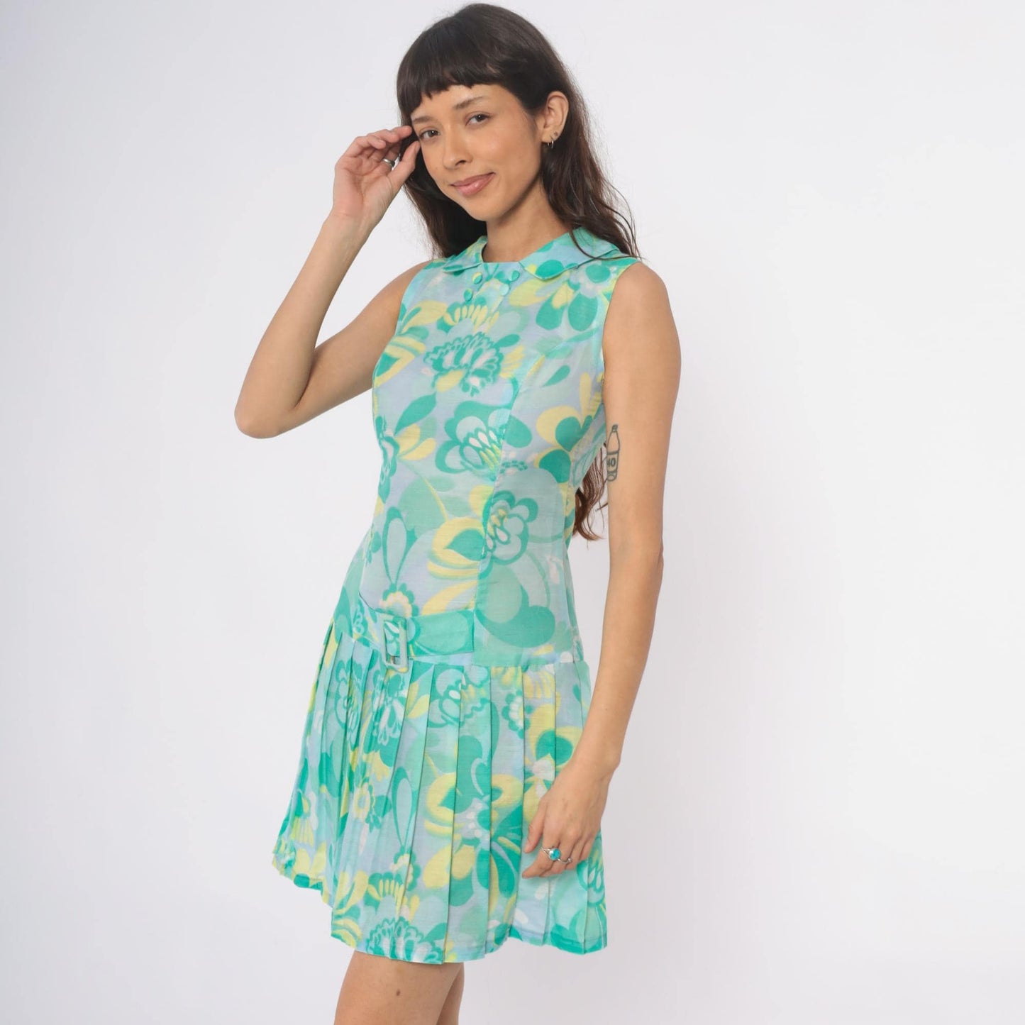 60s Mod Floral Drop Waist Dress Turquoise Peter Pan Collar Pleated Small
