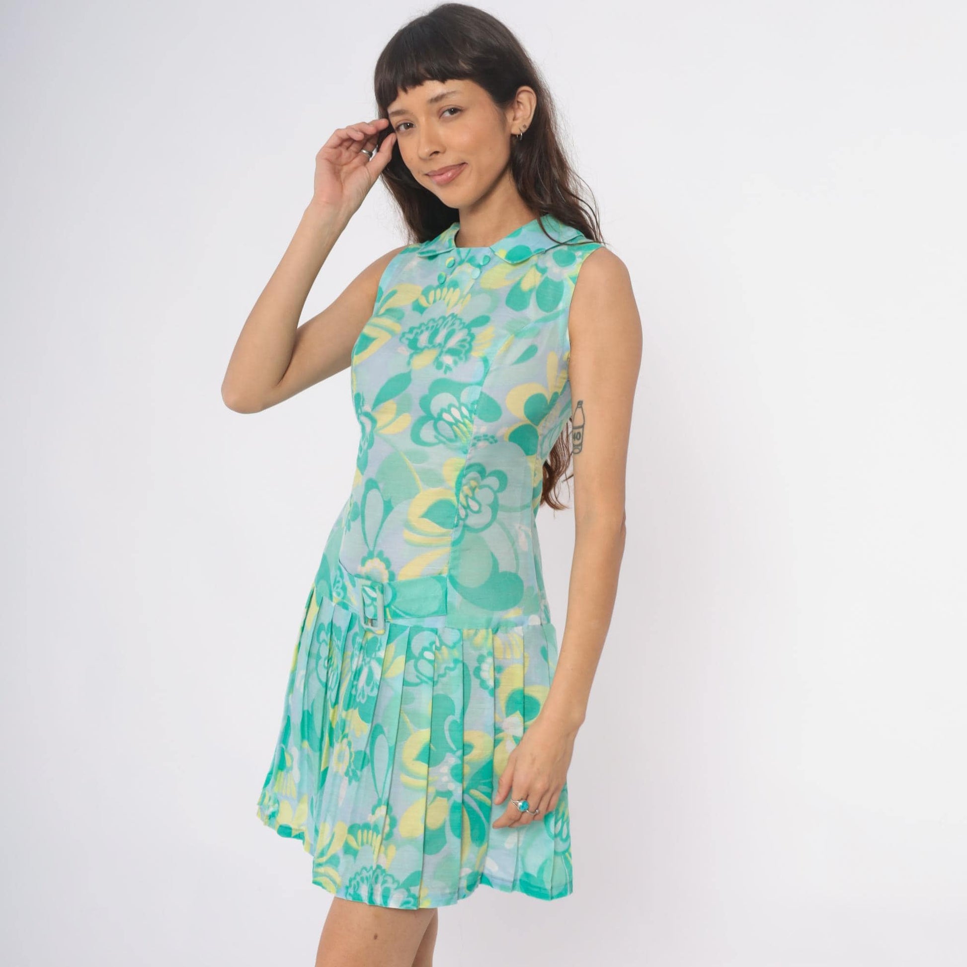60s Mod Floral Drop Waist Dress Turquoise Peter Pan Collar Pleated Small