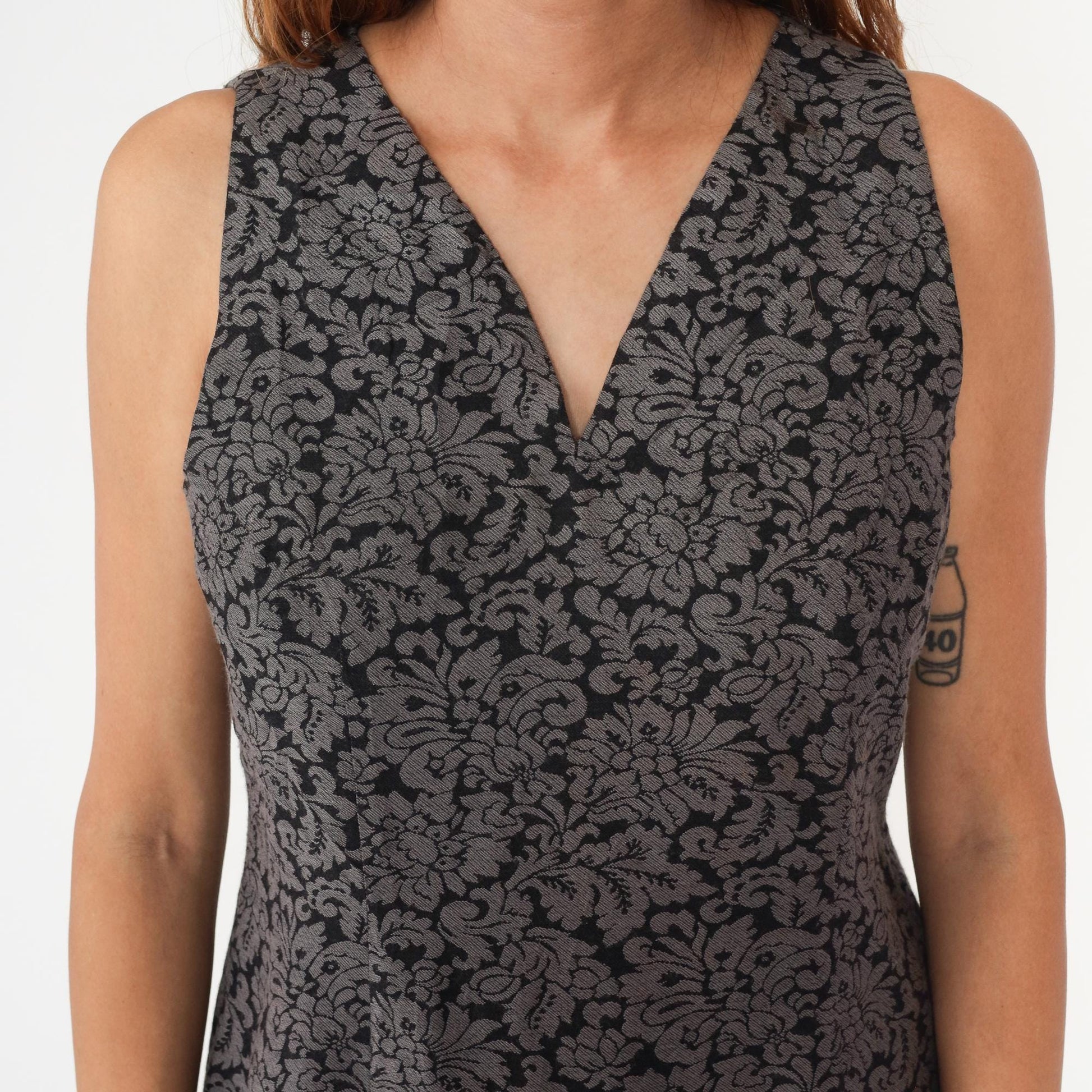 90s Bonnie Taylor Grey Floral Damask Dress V Neck Sleeveless Large L