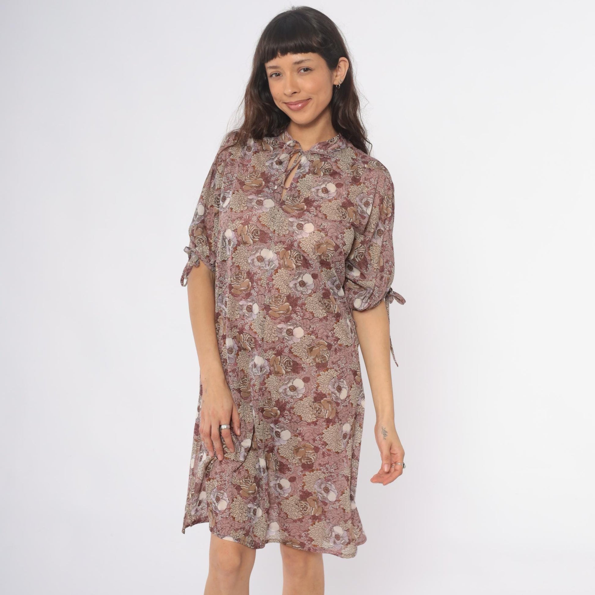 70s Trolley Car Floral Shift Dress Dusty Rose Tie Neck Knee Length Large L