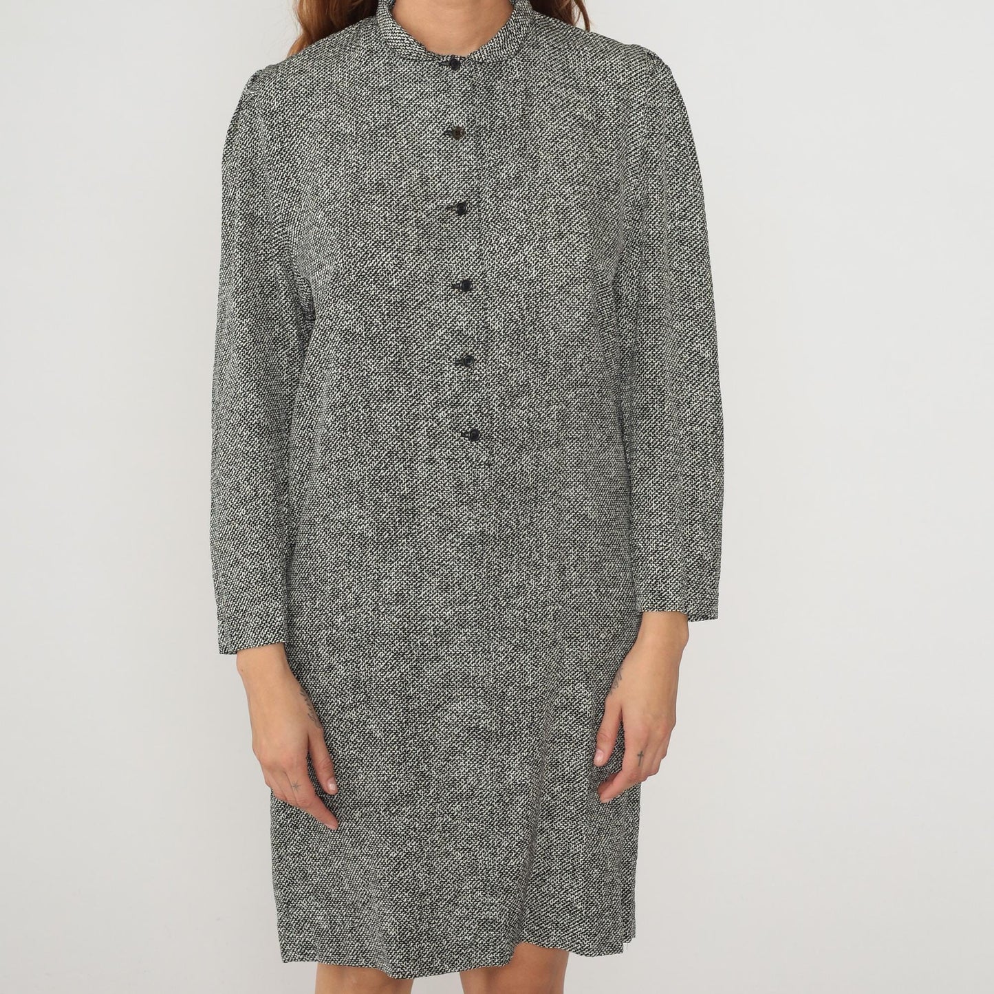 80s Claire Barrat Black White Tweed Shirt Dress Knee Length Collared Large