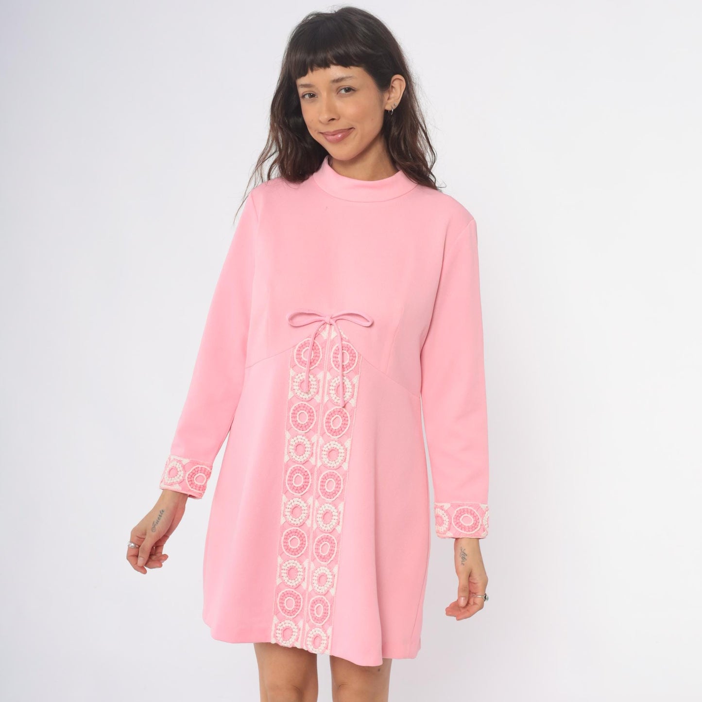 70s Pink Mini Shift Dress Long Sleeve Embroidered Mock Neck Large L
