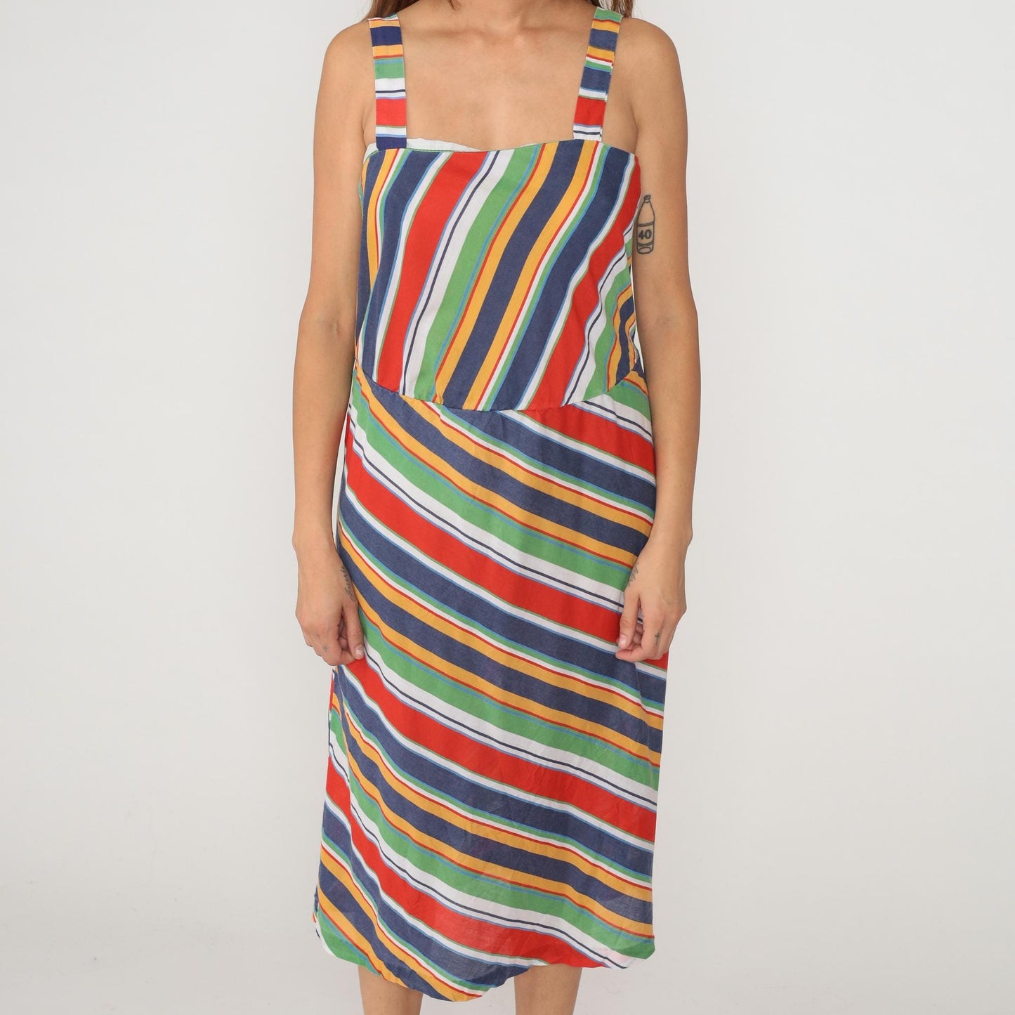 80s Rainbow Striped Midi Dress Diagonal Geometric Navy Red Green Yellow Sleeveless Large
