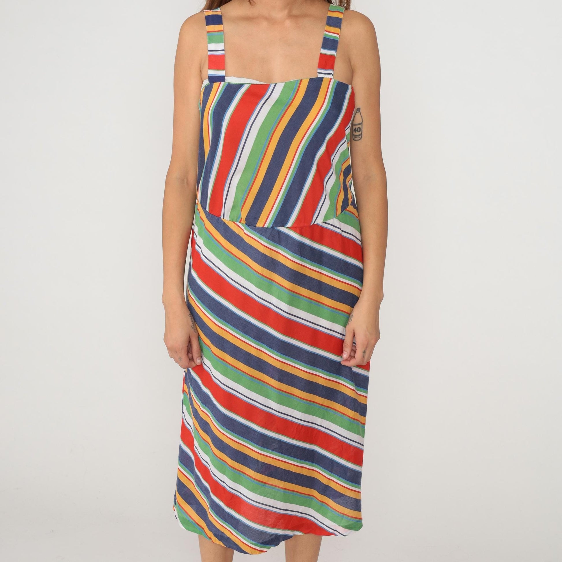 80s Rainbow Striped Midi Dress Diagonal Geometric Navy Red Green Yellow Sleeveless Large