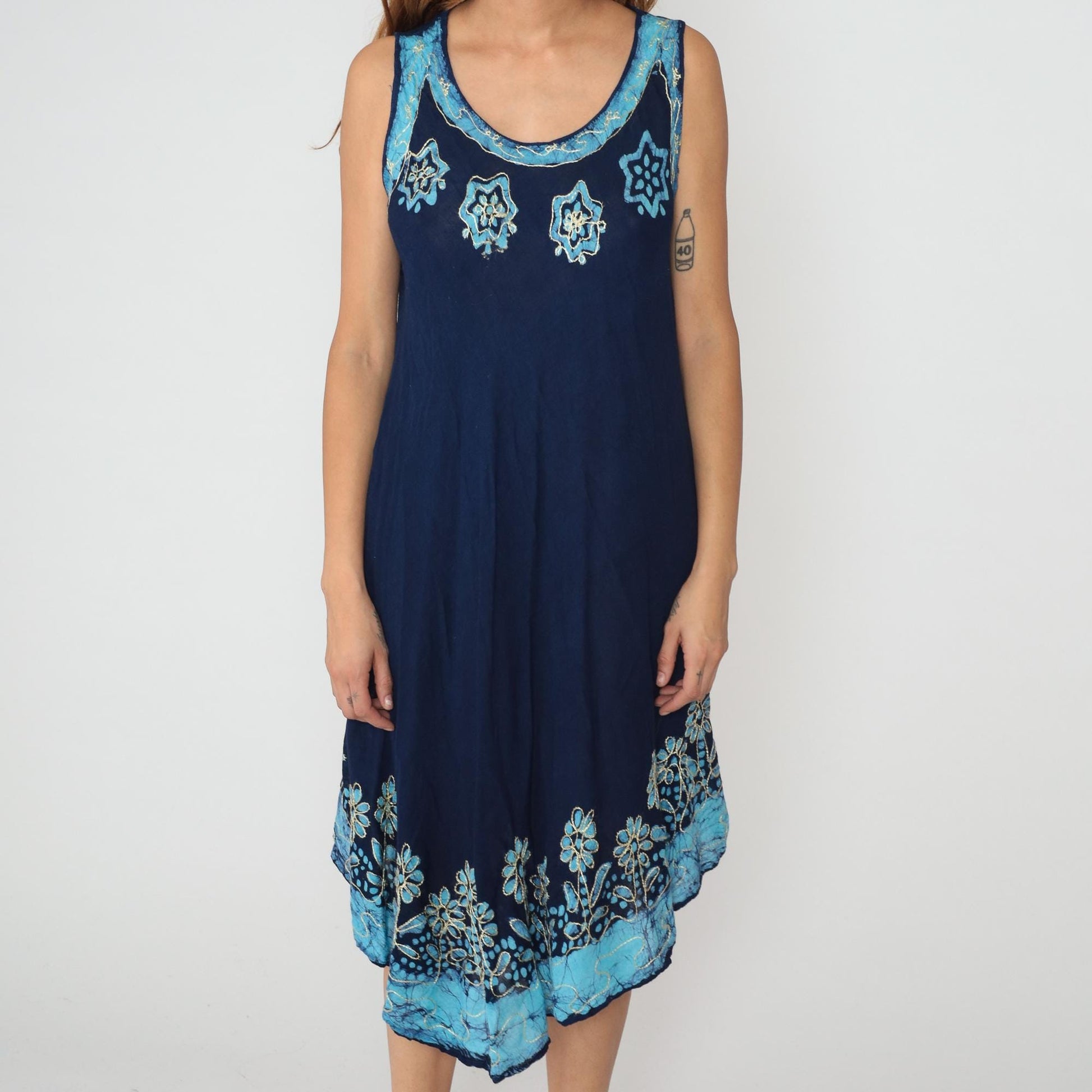 Y2K Navy Blue Floral Embroidered Tank Dress Asymmetrical Hem One Size