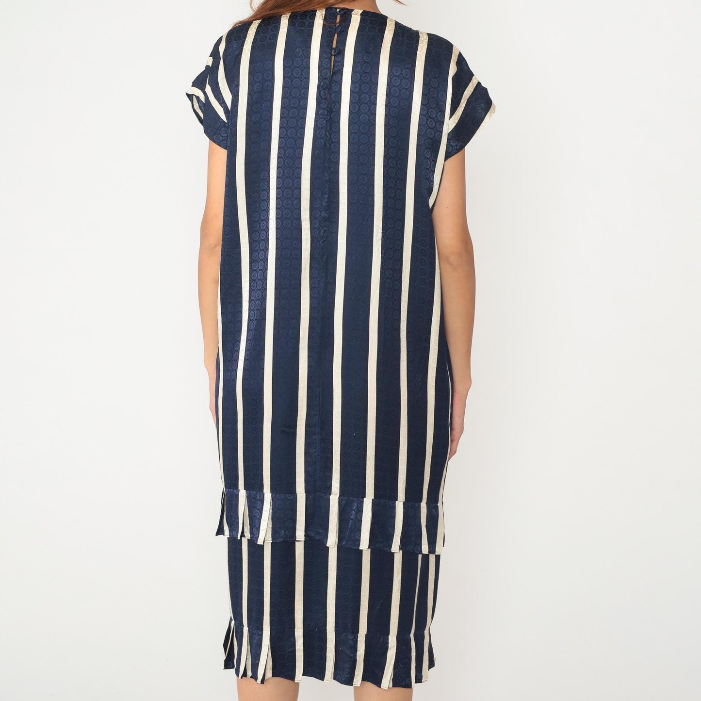 90s Maggy London Silk Striped Shift Dress Navy Cream Geometric Medium