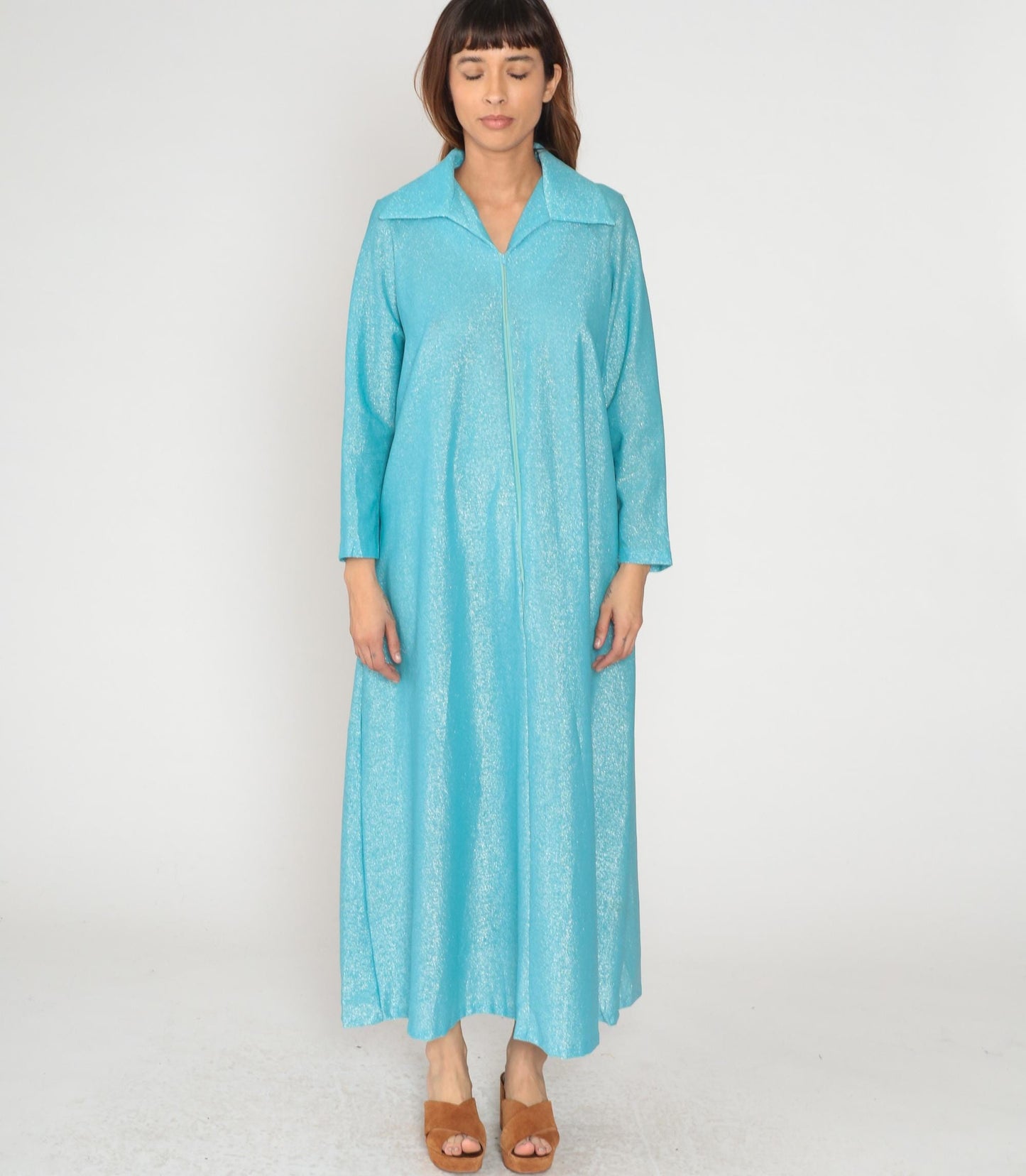 70s Aristique Turquoise Metallic Maxi Robe Zip Front Collared Loungewear Large L