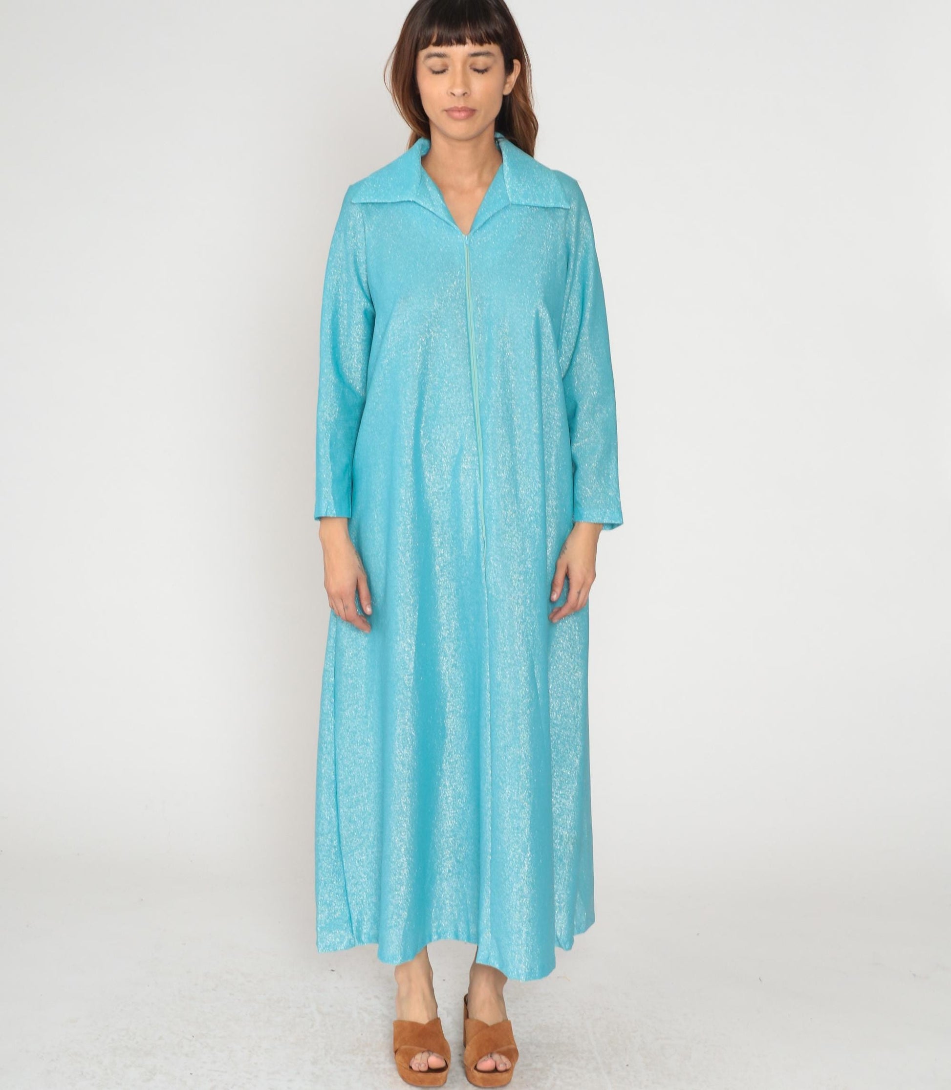 70s Aristique Turquoise Metallic Maxi Robe Zip Front Collared Loungewear Large L