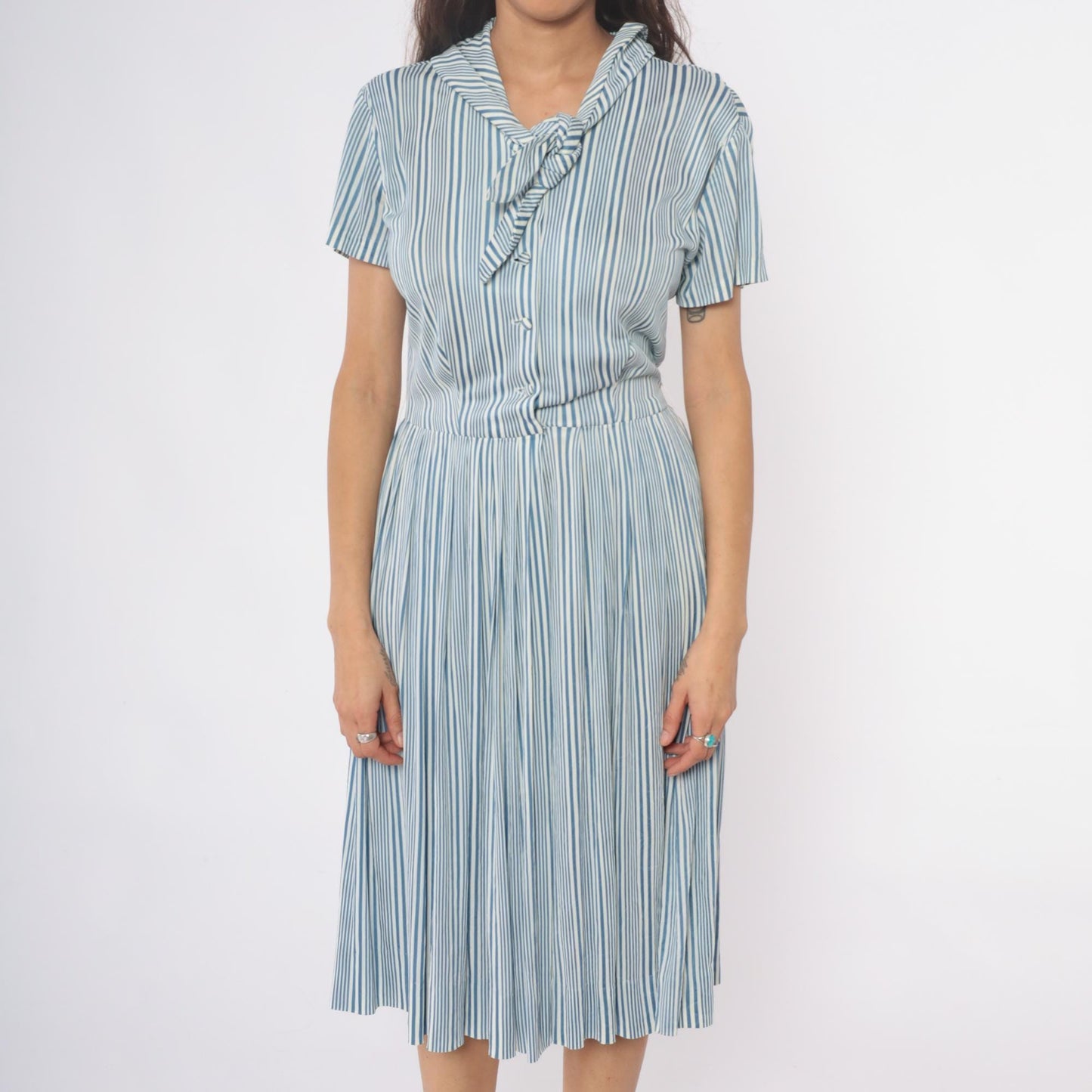 60s Nancy Greer Striped Midi Dress Blue White Mod Button Front Medium