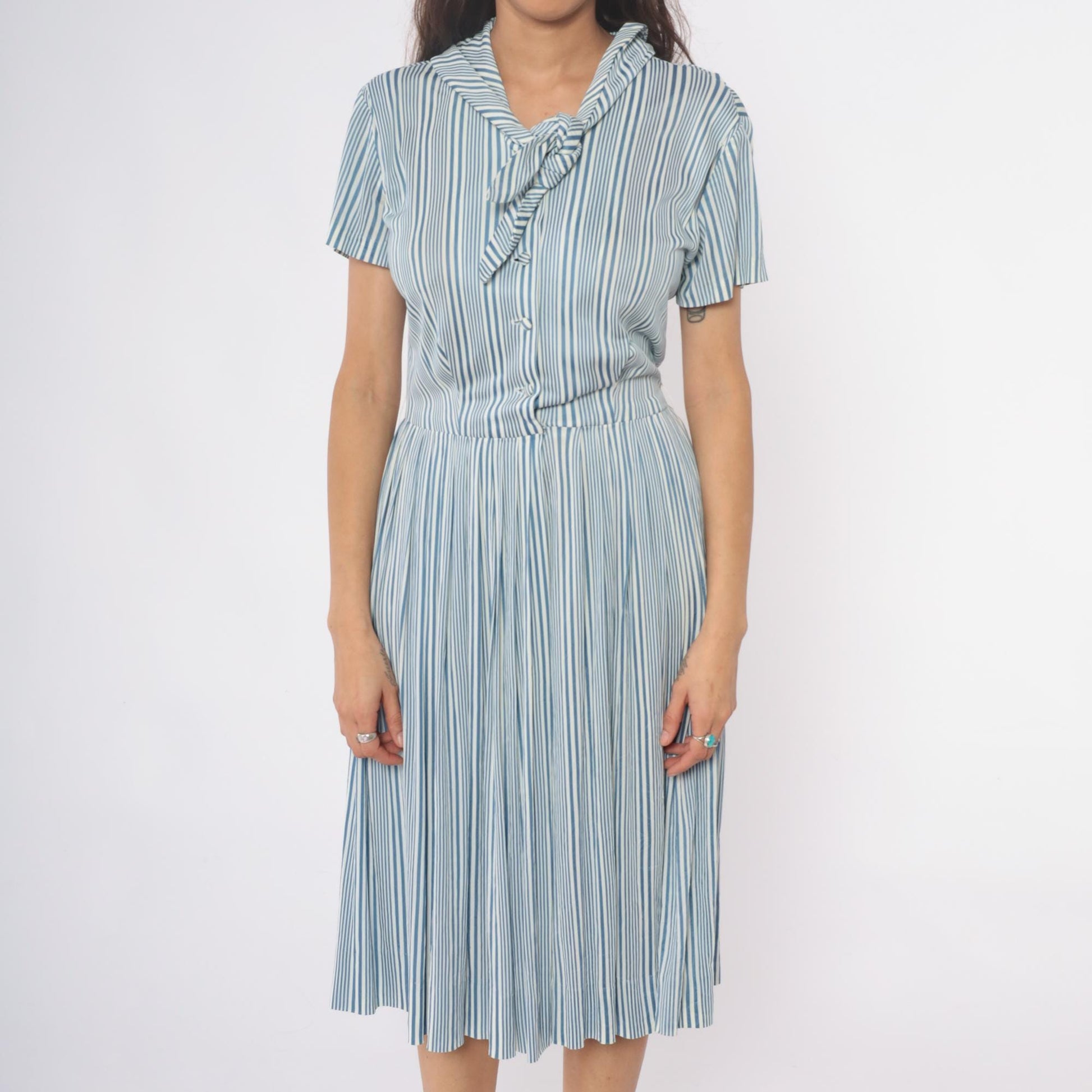 60s Nancy Greer Striped Midi Dress Blue White Mod Button Front Medium