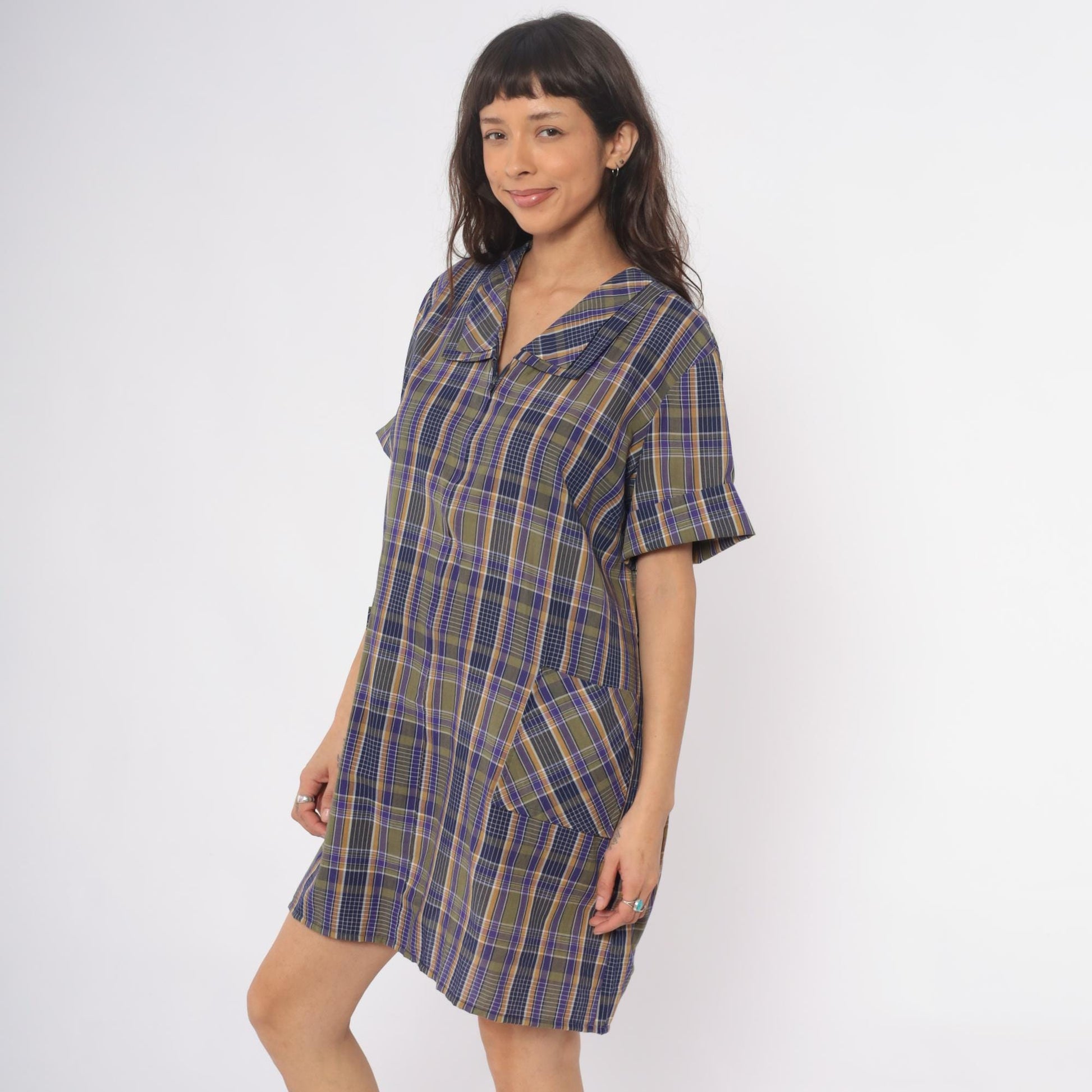 80s Zip N Dash Plaid Shift Dress Collared Pockets Navy Olive Extra Large