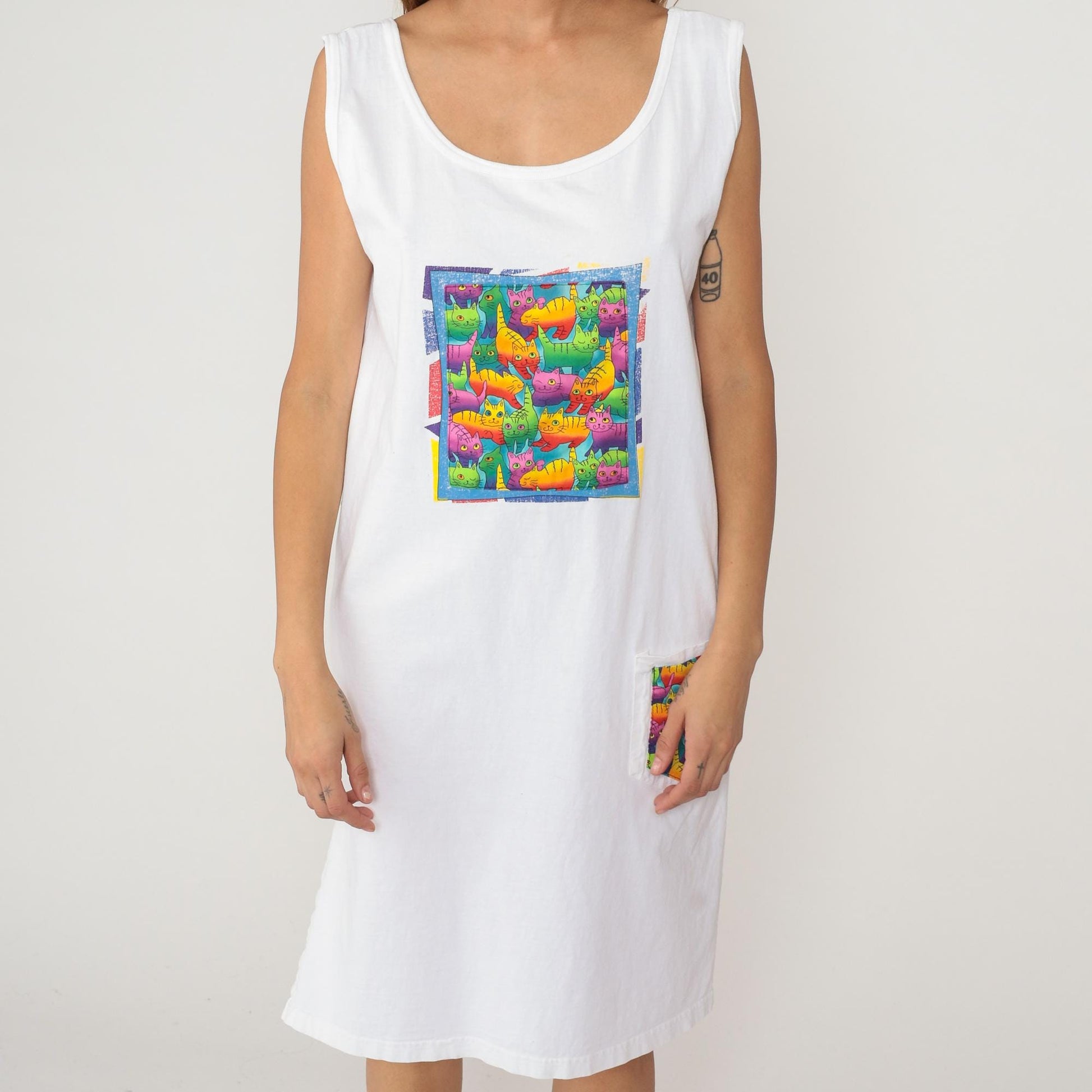 90s Rainbow Kitties Tank Dress White Cotton Knee-Length Graphic Large L