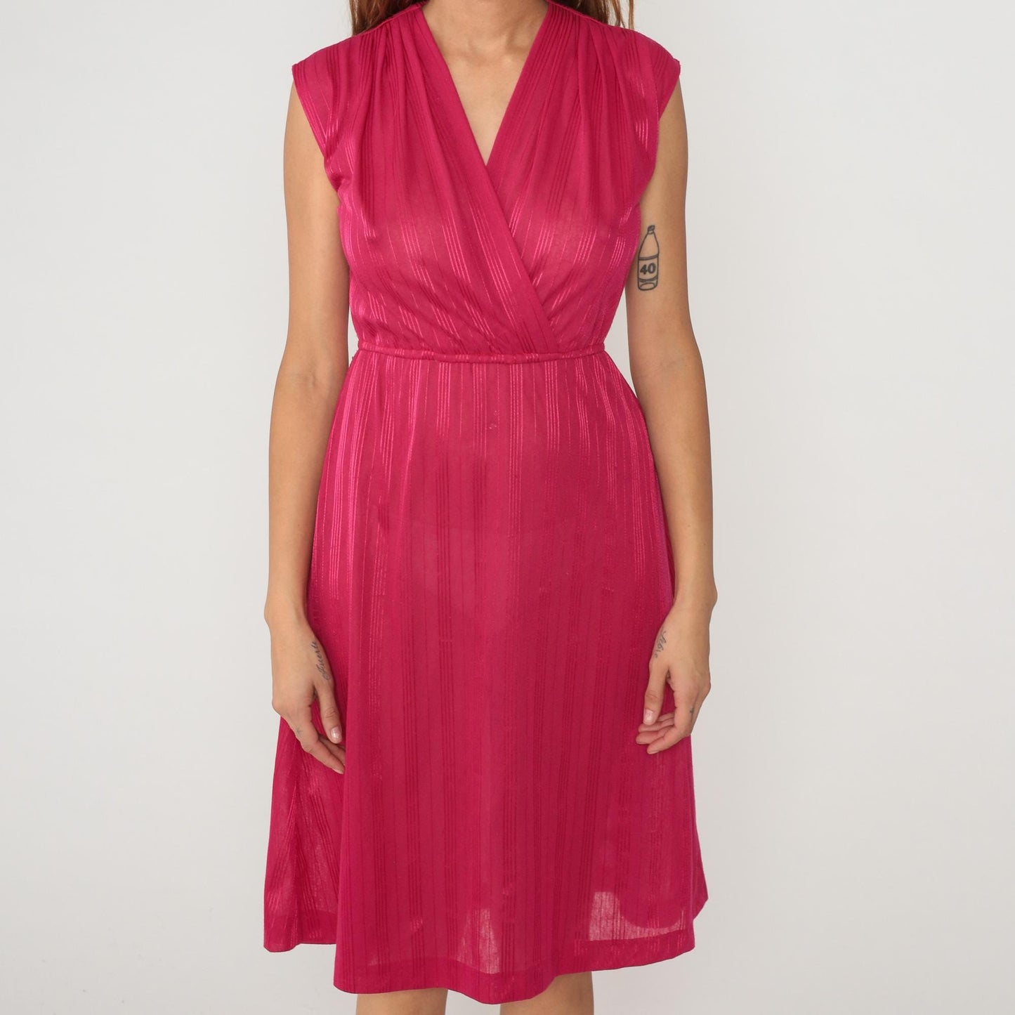 80s Hot Pink Wrap Dress V-Neck Knee Length Striped Small Medium