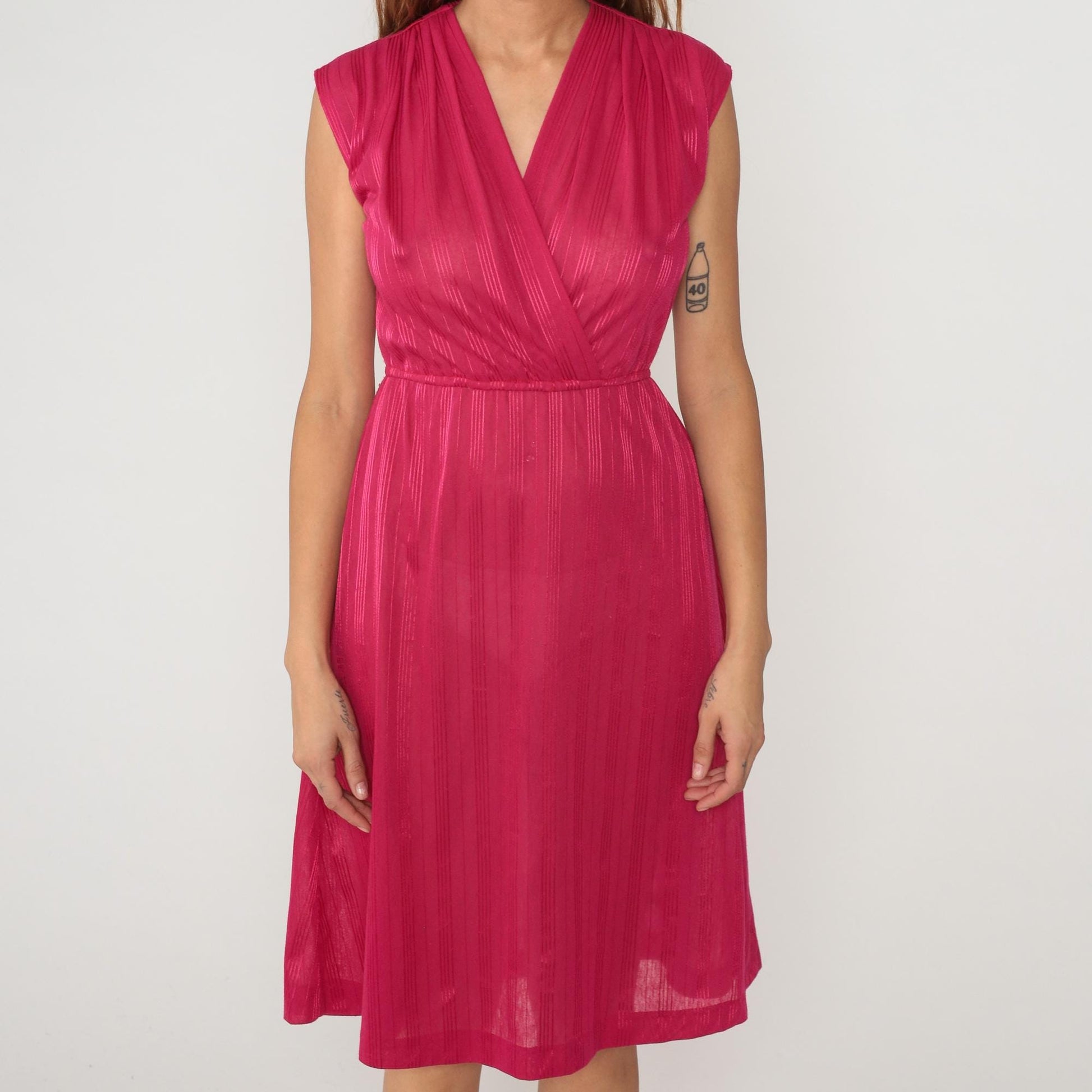 80s Hot Pink Wrap Dress V-Neck Knee Length Striped Small Medium