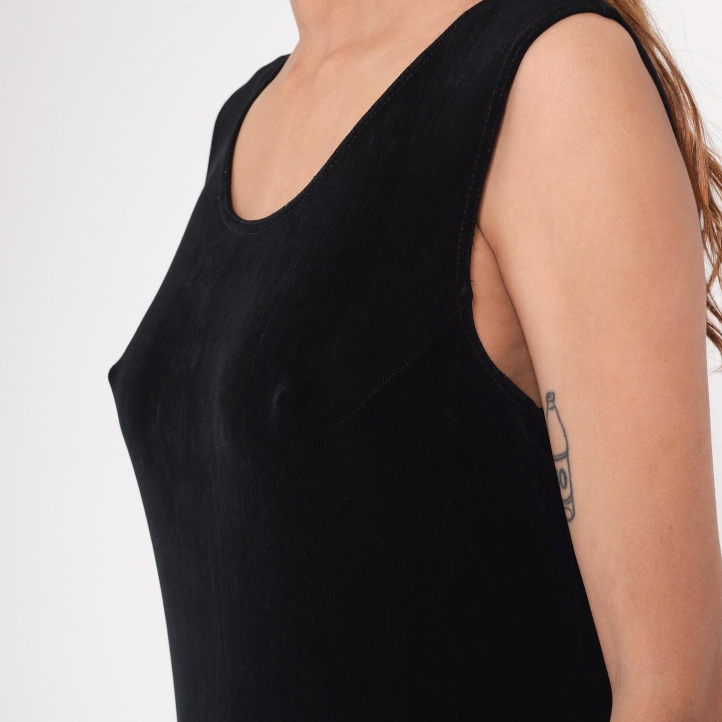 90s Black Sleeveless Column Maxi Dress Scoop Neck Side Slit Medium