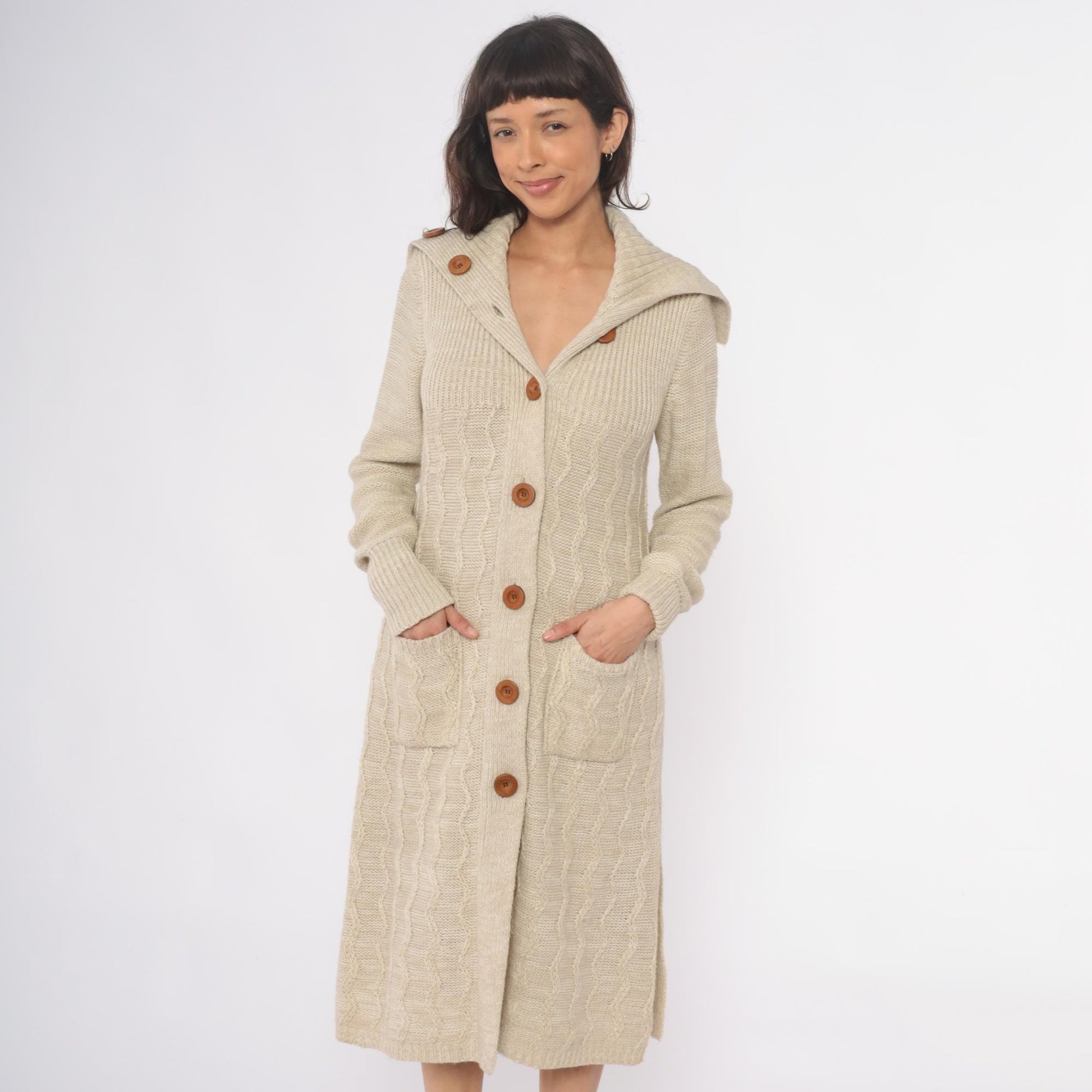 70s Dawn International Cable Knit Cardigan Cream Shawl Collar Duster Small