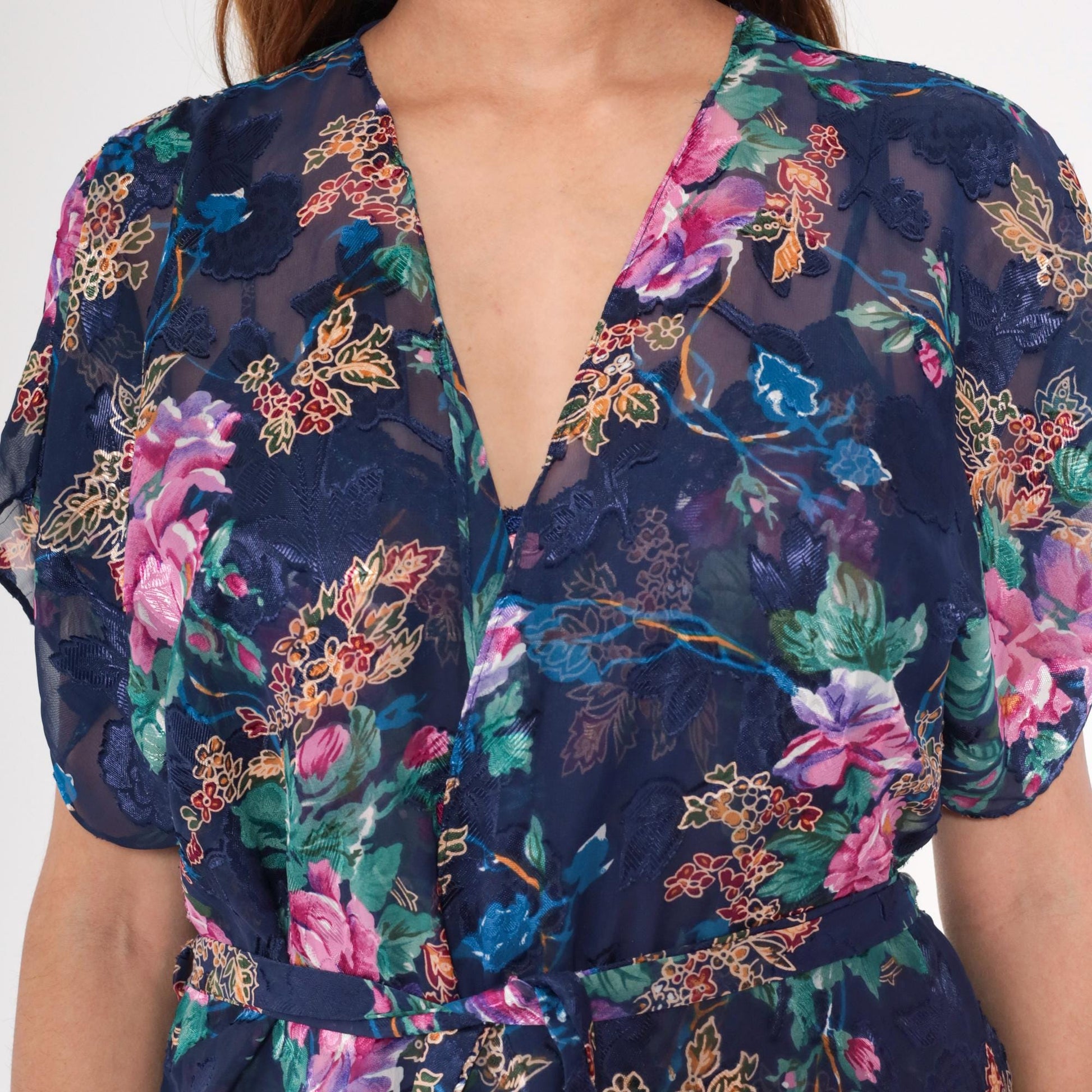 90s Navy Floral Kimono Robe Pink Purple Blue Green Flowers Wrap Tie Lingerie Large