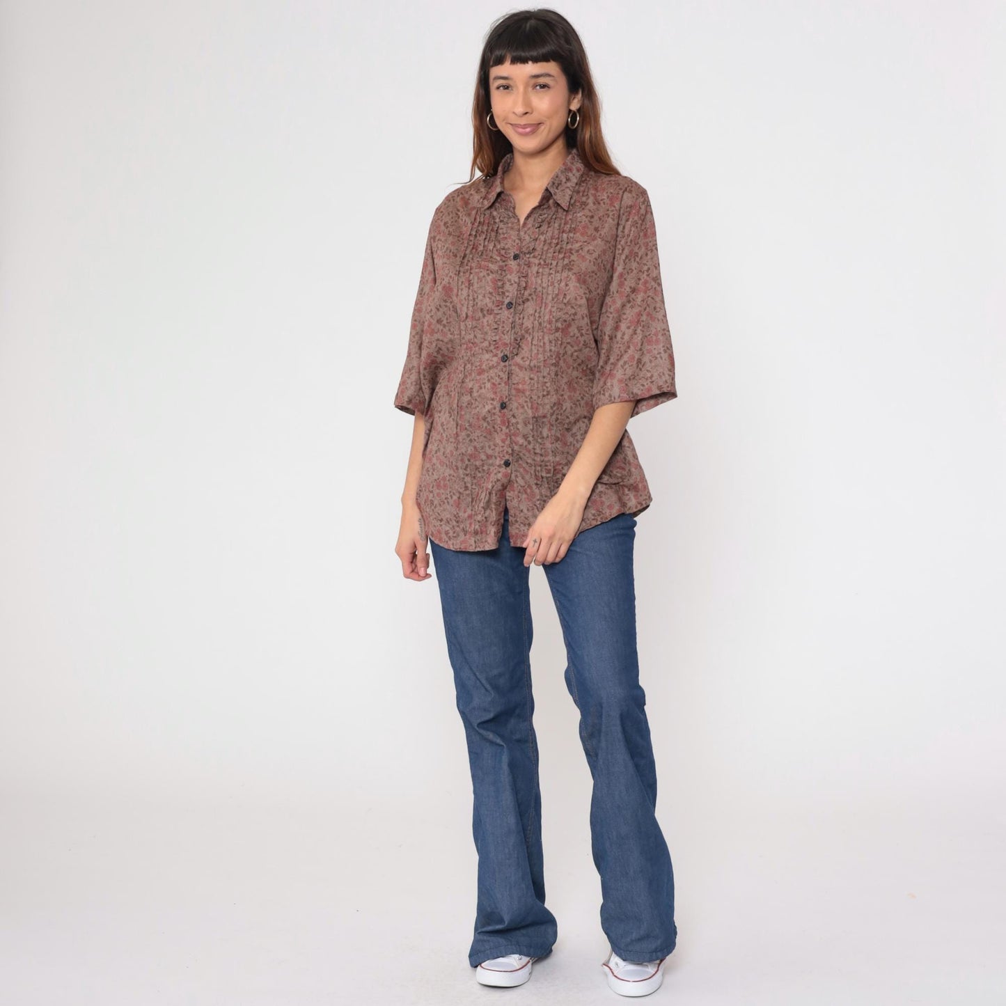 Y2K Sheryll Ellein Floral Button-Up Blouse Pintuck 3/4 Sleeve Beige Extra Large XXL