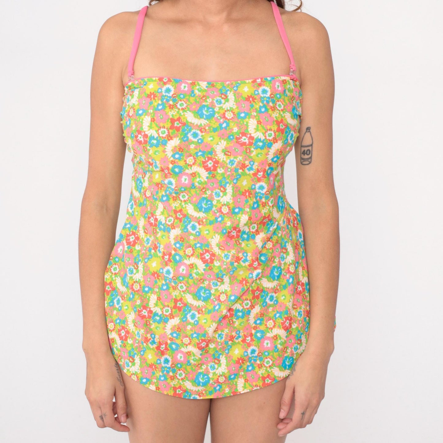 80s Sea Waves Floral One-Piece Swimsuit Skirted Halter Multicolor Large